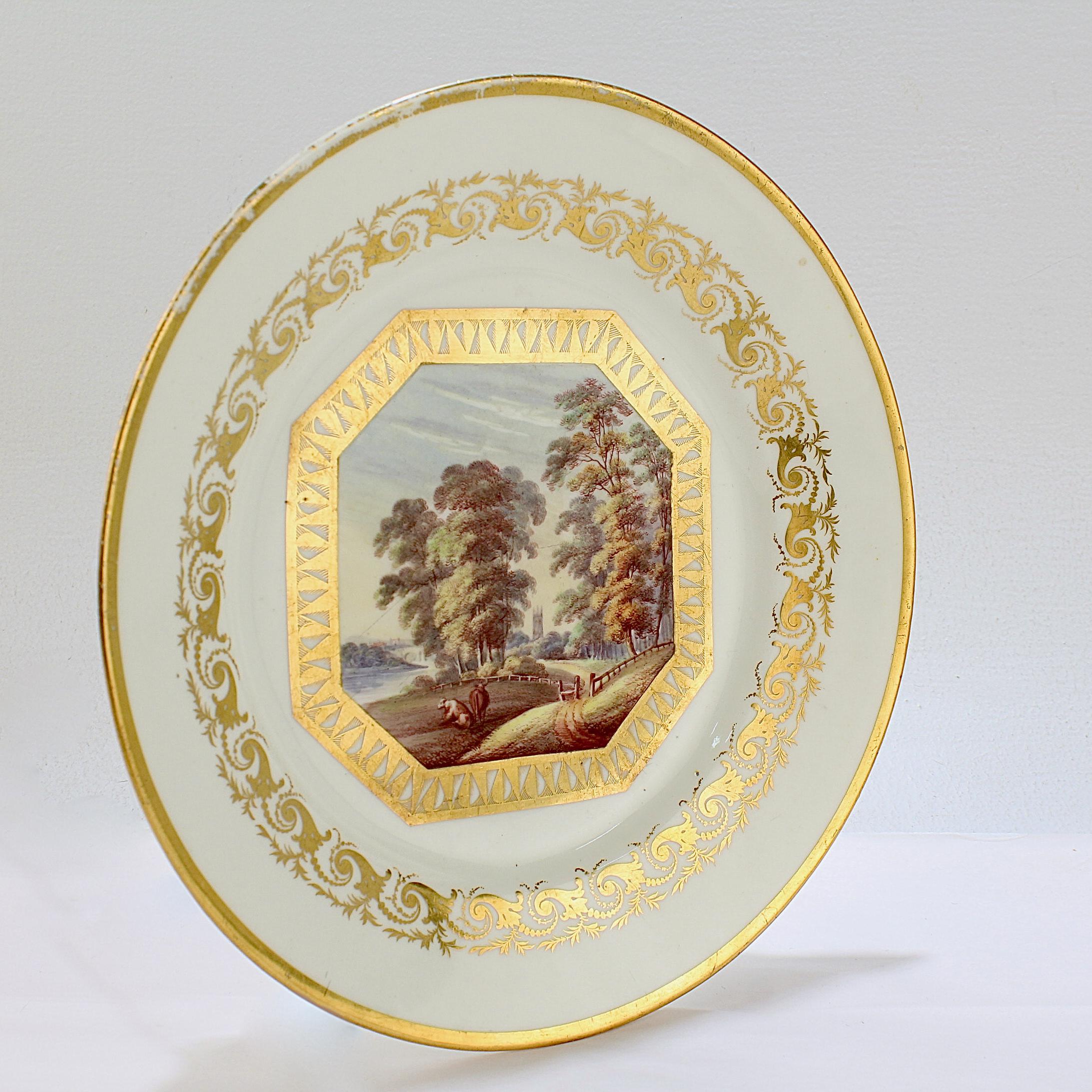 George III Antique Topographical Derby English Porcelain Plate Entitled 'Near Derby' For Sale