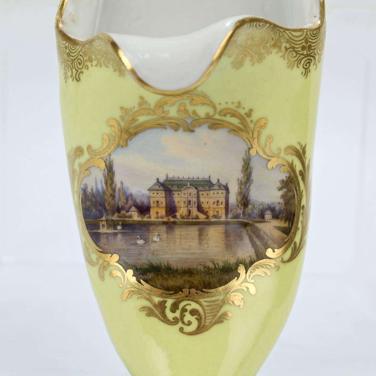 A fine and rare Meissen 'Pantoffel' or Slipper paperweight with a topographical scene.

The hand-painted cartouche depicts the Royal Palace and Great Gardens at Dresden and is surrounded by rich gilding and a yellow ground.

The base bears a