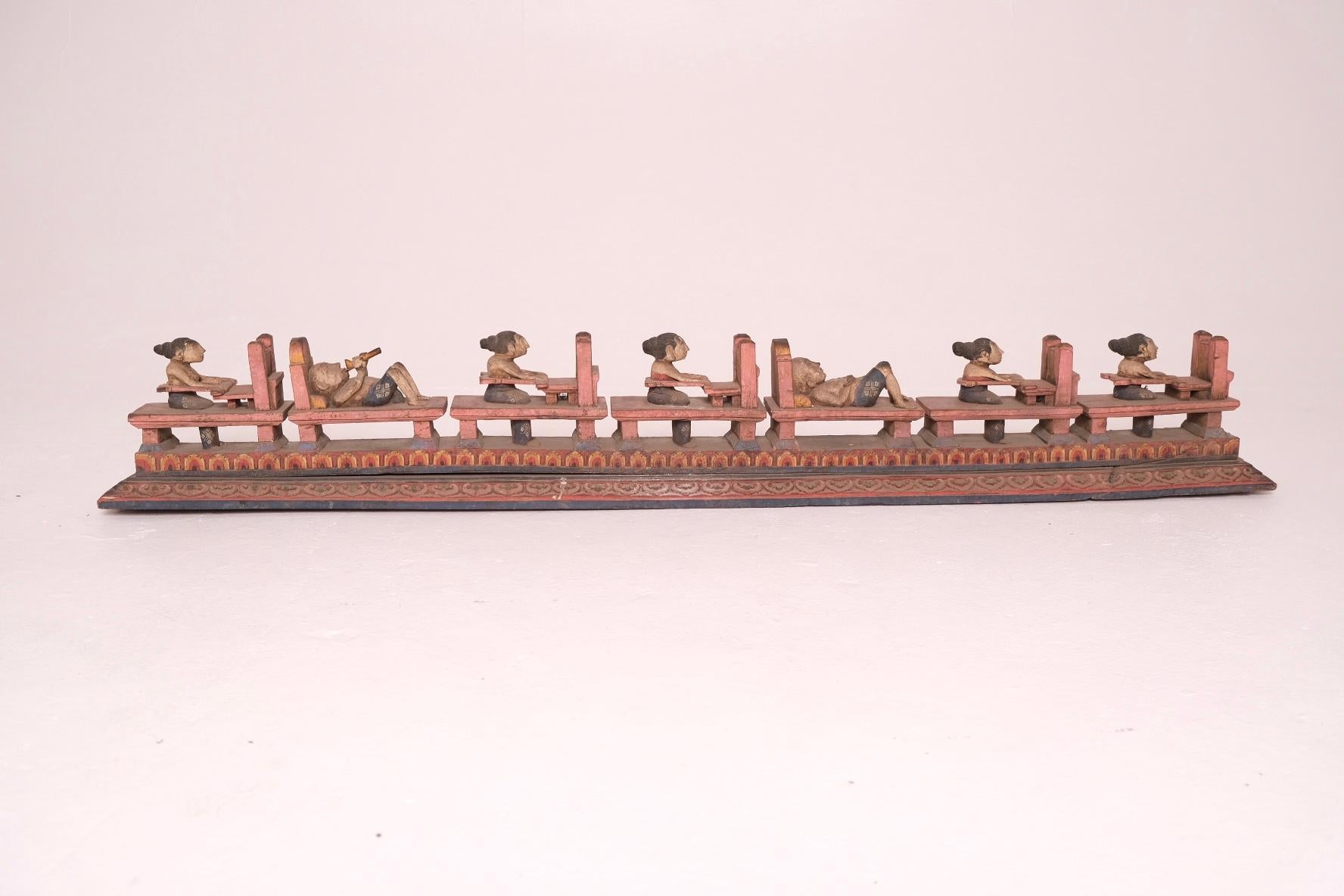 Tribal Antique Toraja Soul Boat Sculpture with Eight Carved Figures, Indonesia For Sale