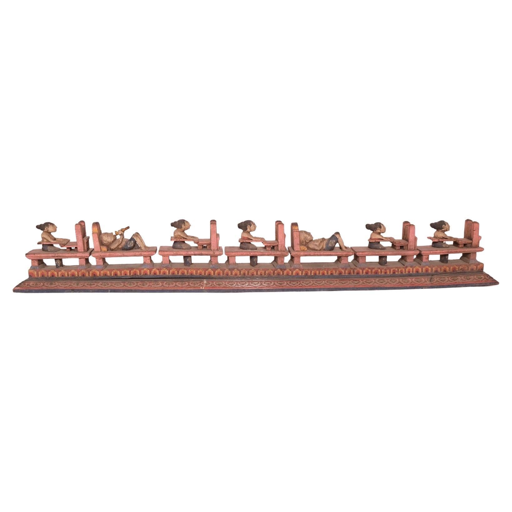 Antique Toraja Soul Boat Sculpture with Eight Carved Figures, Indonesia For Sale