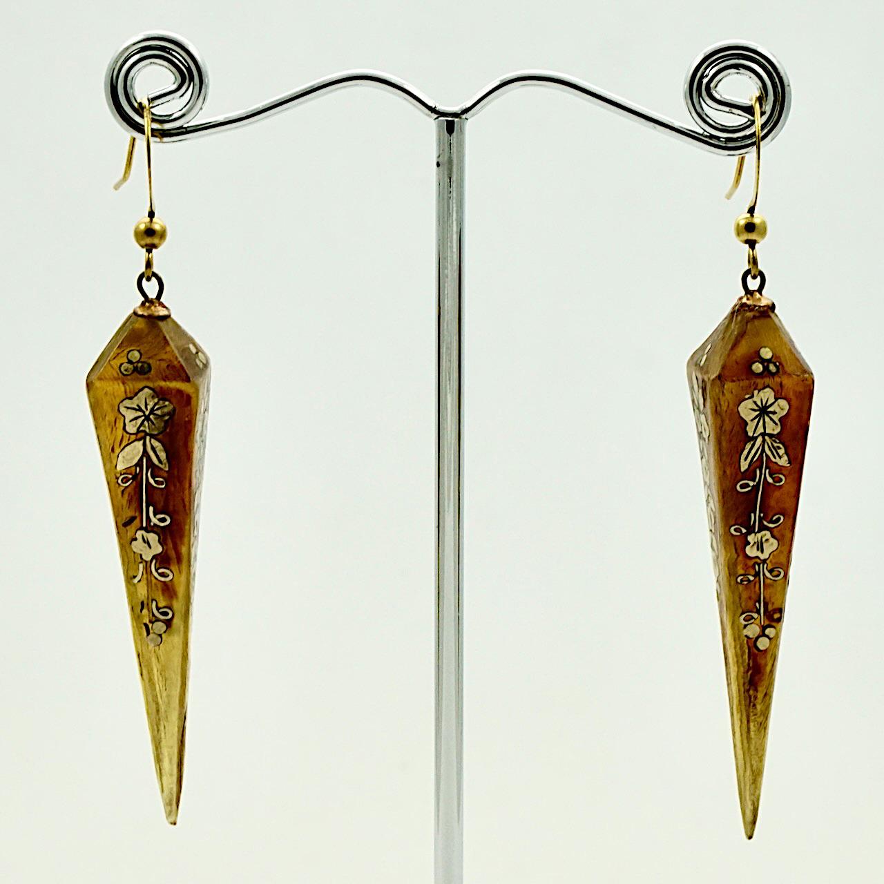 Antique Torpedo Drop Earrings Inlaid Flower Scroll Design Brass Hooks In Good Condition For Sale In London, GB