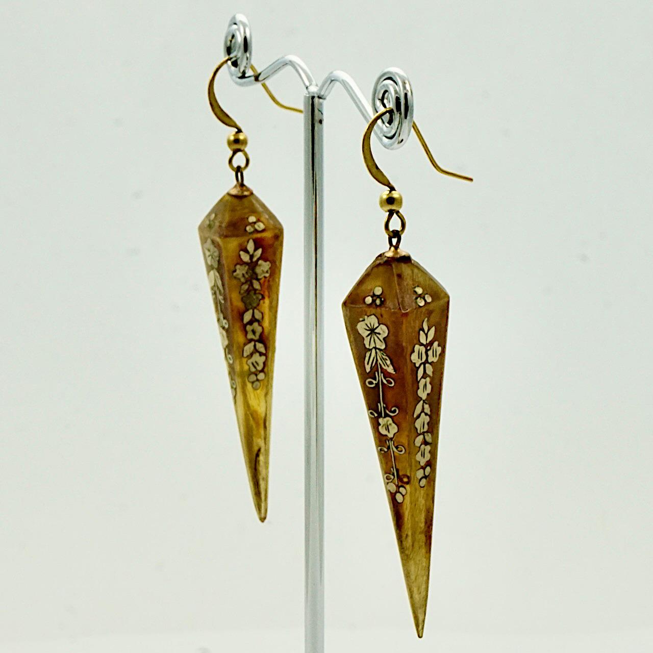 Women's or Men's Antique Torpedo Drop Earrings Inlaid Flower Scroll Design Brass Hooks For Sale