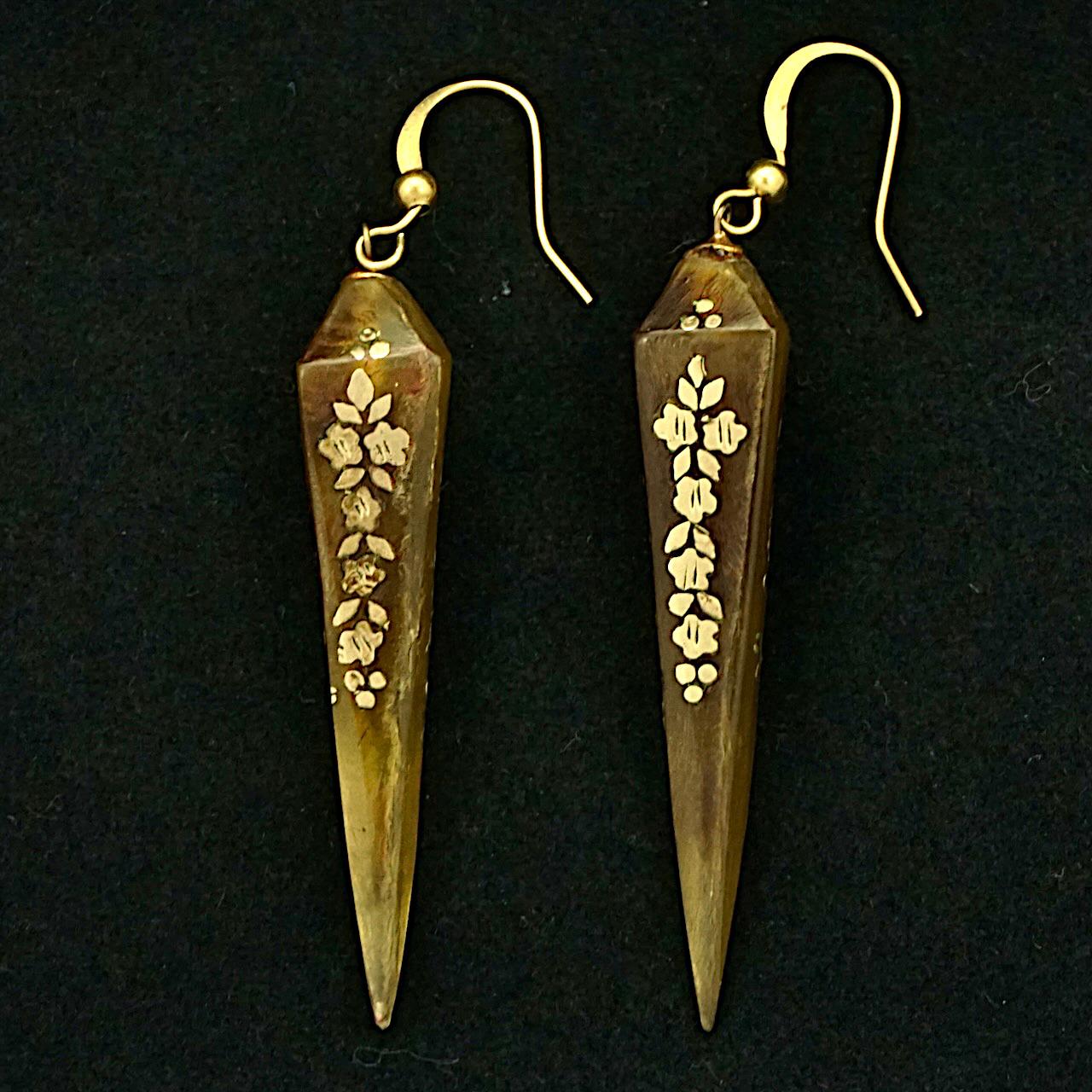 Antique Torpedo Drop Earrings Inlaid Flower Scroll Design Brass Hooks For Sale 1