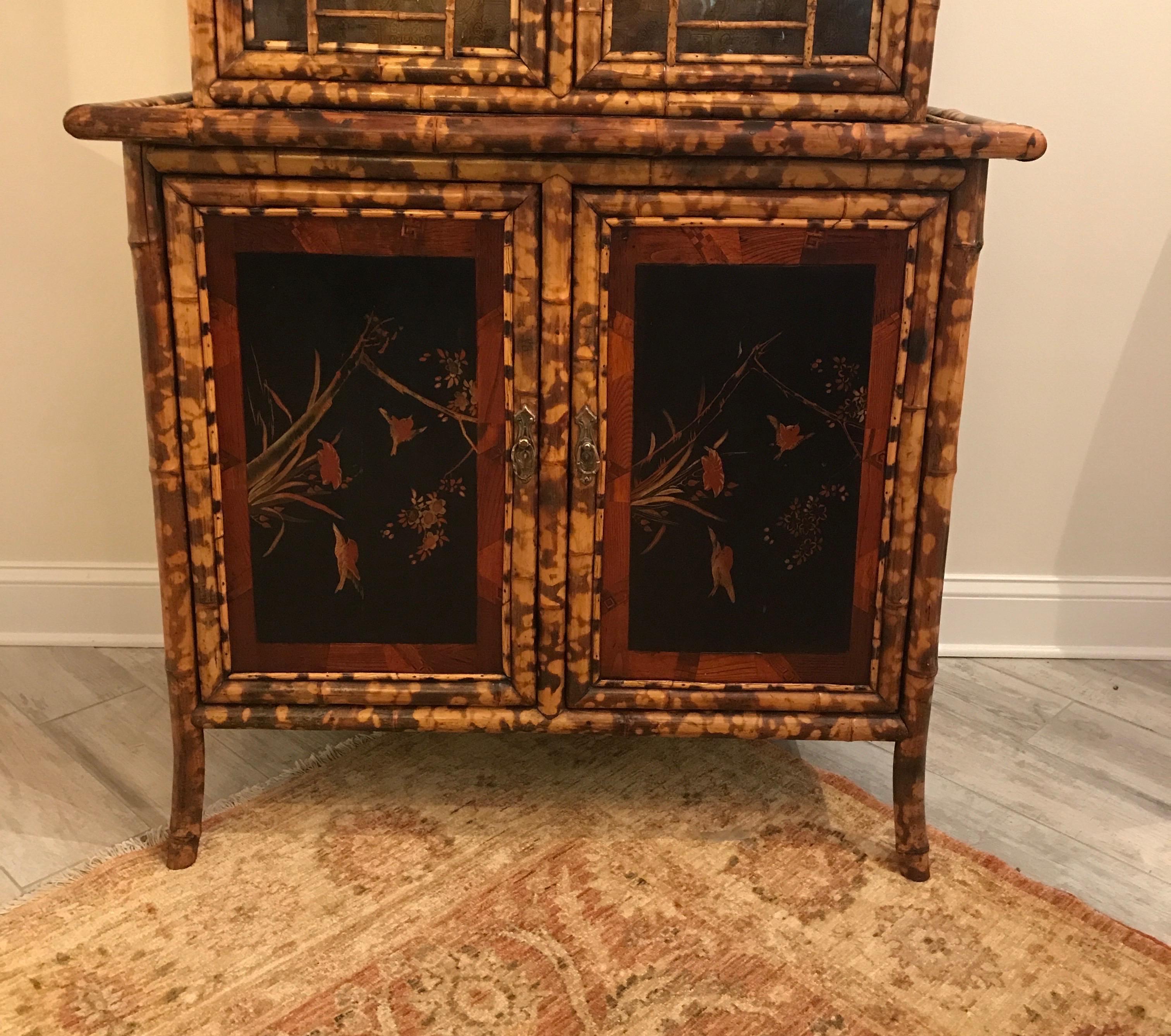 English Antique Tortoise or Burnt Bamboo Two Part Pagoda Style Cabinet