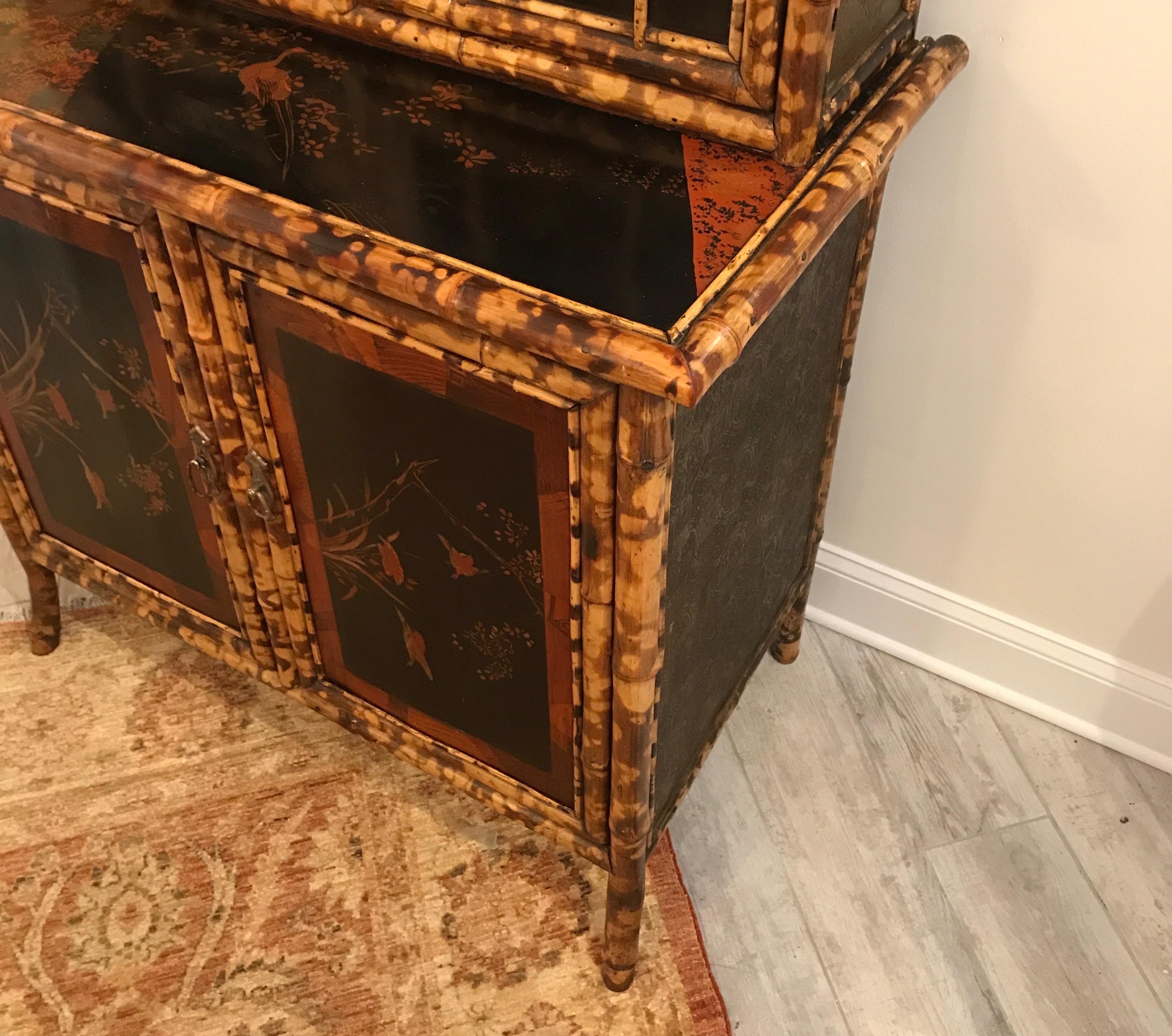 Antique Tortoise or Burnt Bamboo Two Part Pagoda Style Cabinet In Good Condition In West Palm Beach, FL