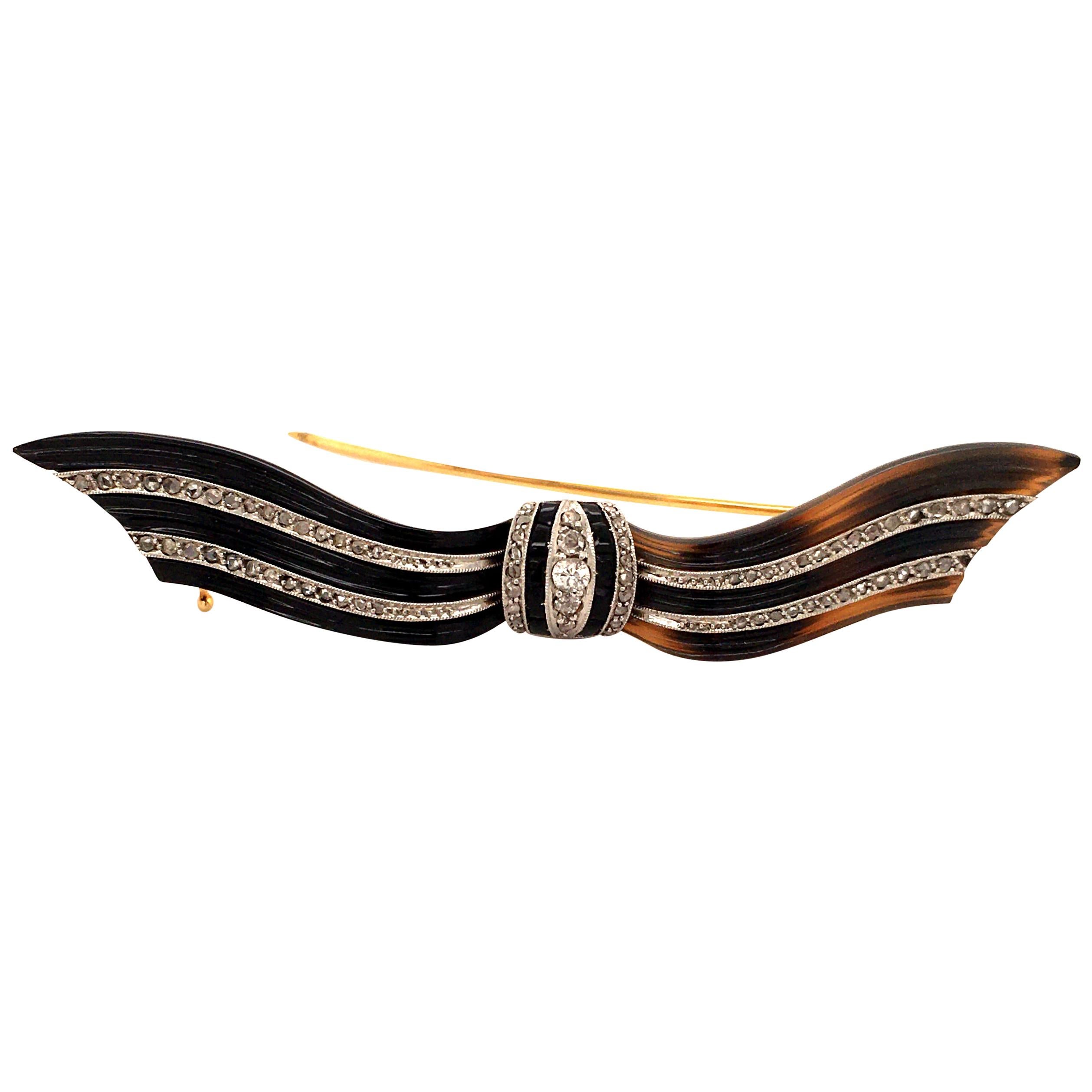 Antique Tortoise Shell and Diamond Brooch in 18 Karat Yellow Gold and Platinum For Sale