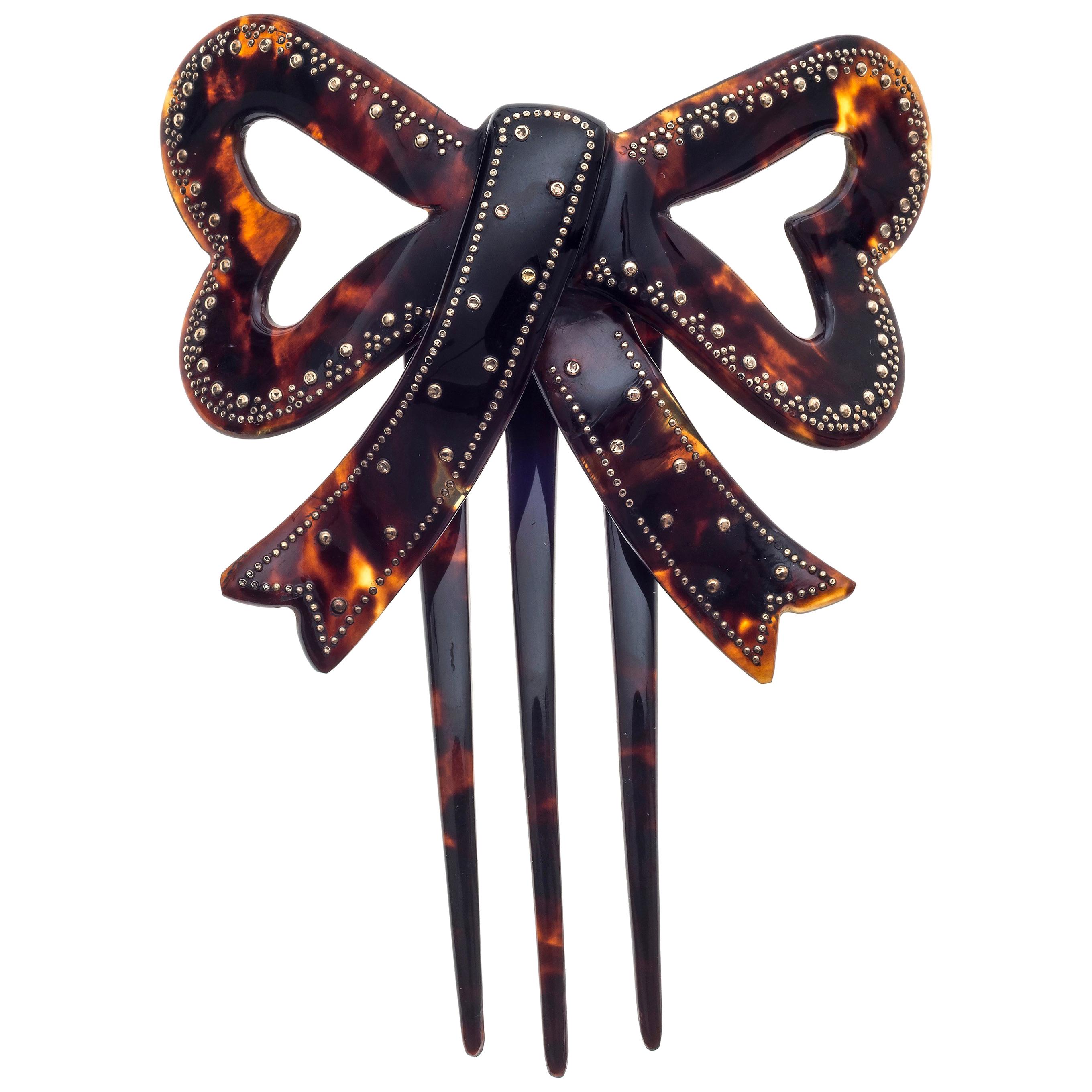 Antique Tortoise Shell Bow Gold Piqué Hair Comb