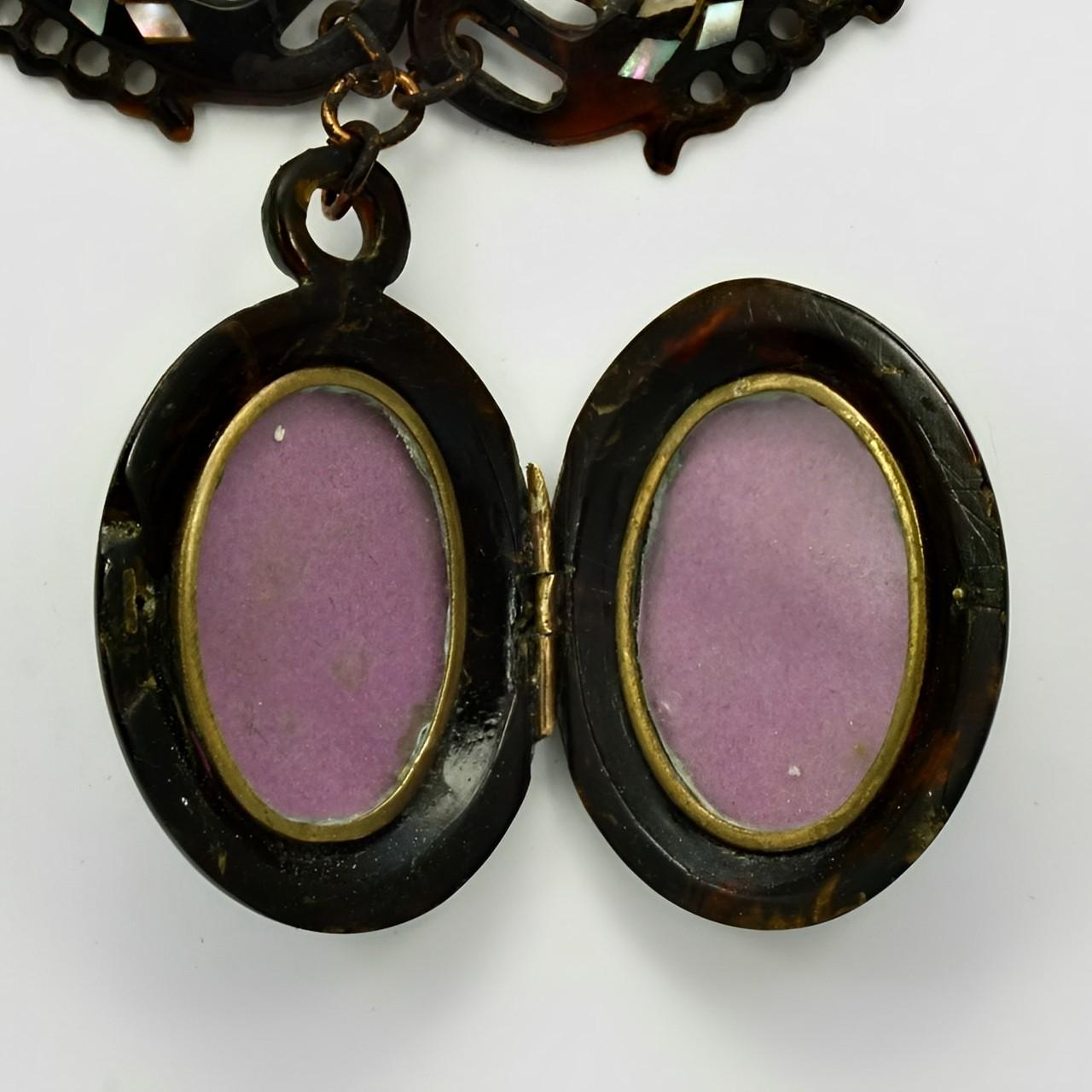 Antique Tortoiseshell Necklace Locket with Gold and Mother of Pearl Piqué  1