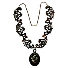 Antique Tortoiseshell Necklace Locket with Gold and Mother of Pearl Piqué