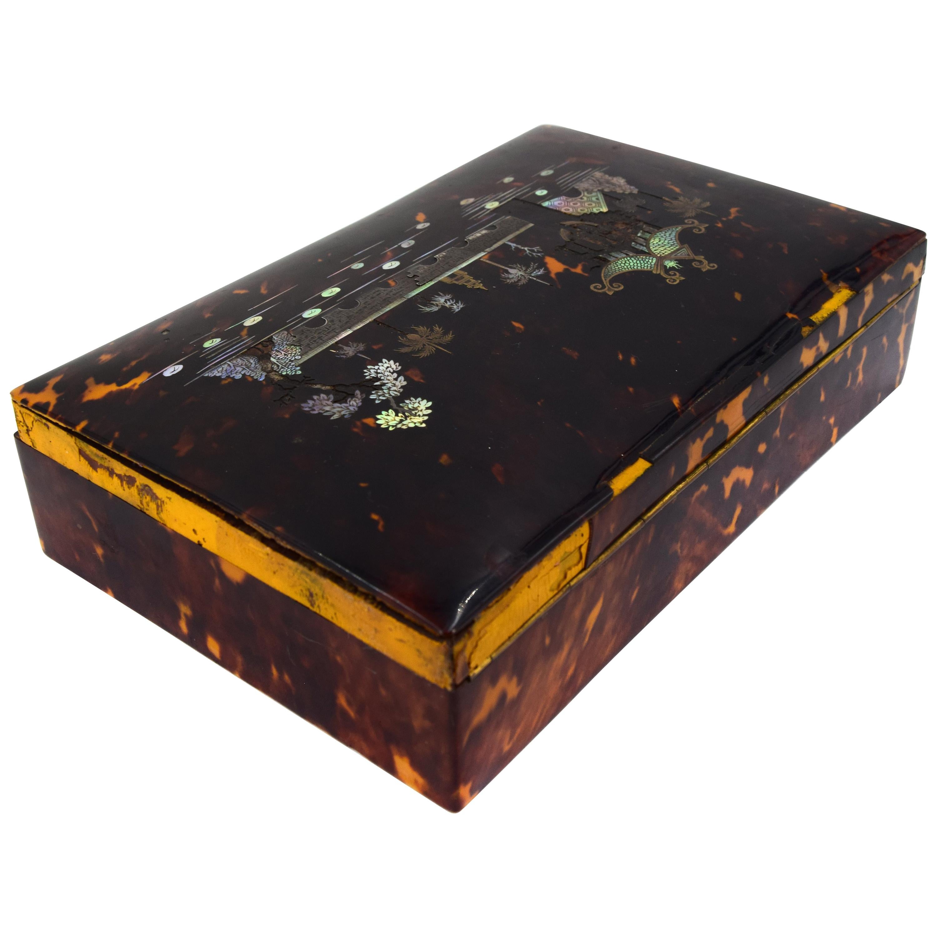 Antique Tortoiseshell Wooden Box, 19th Century