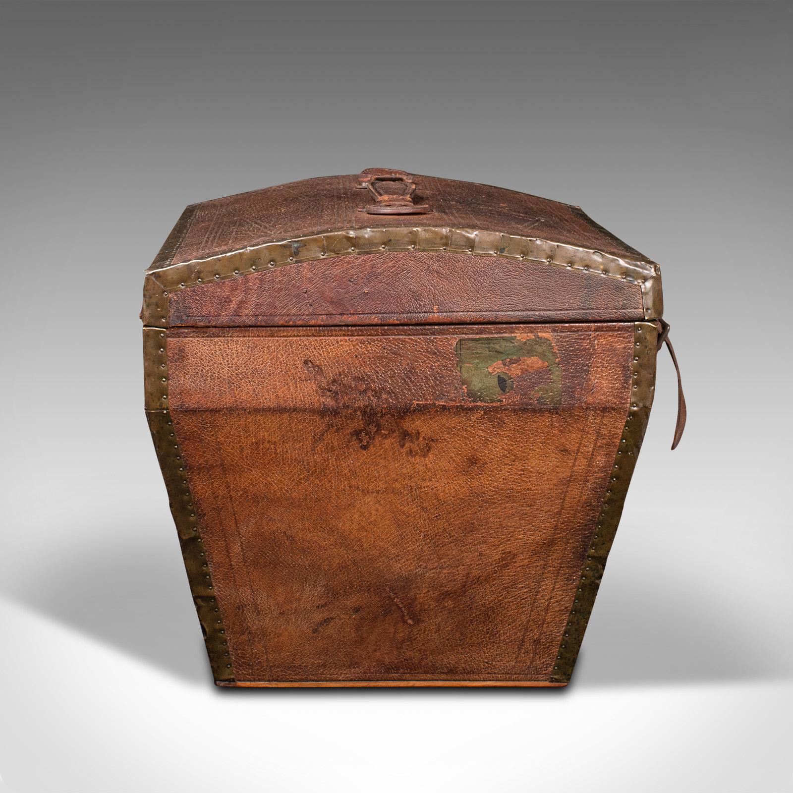 British Antique Touring Hat Box, French, Leather, Brass, Travel Case, Victorian, C.1850