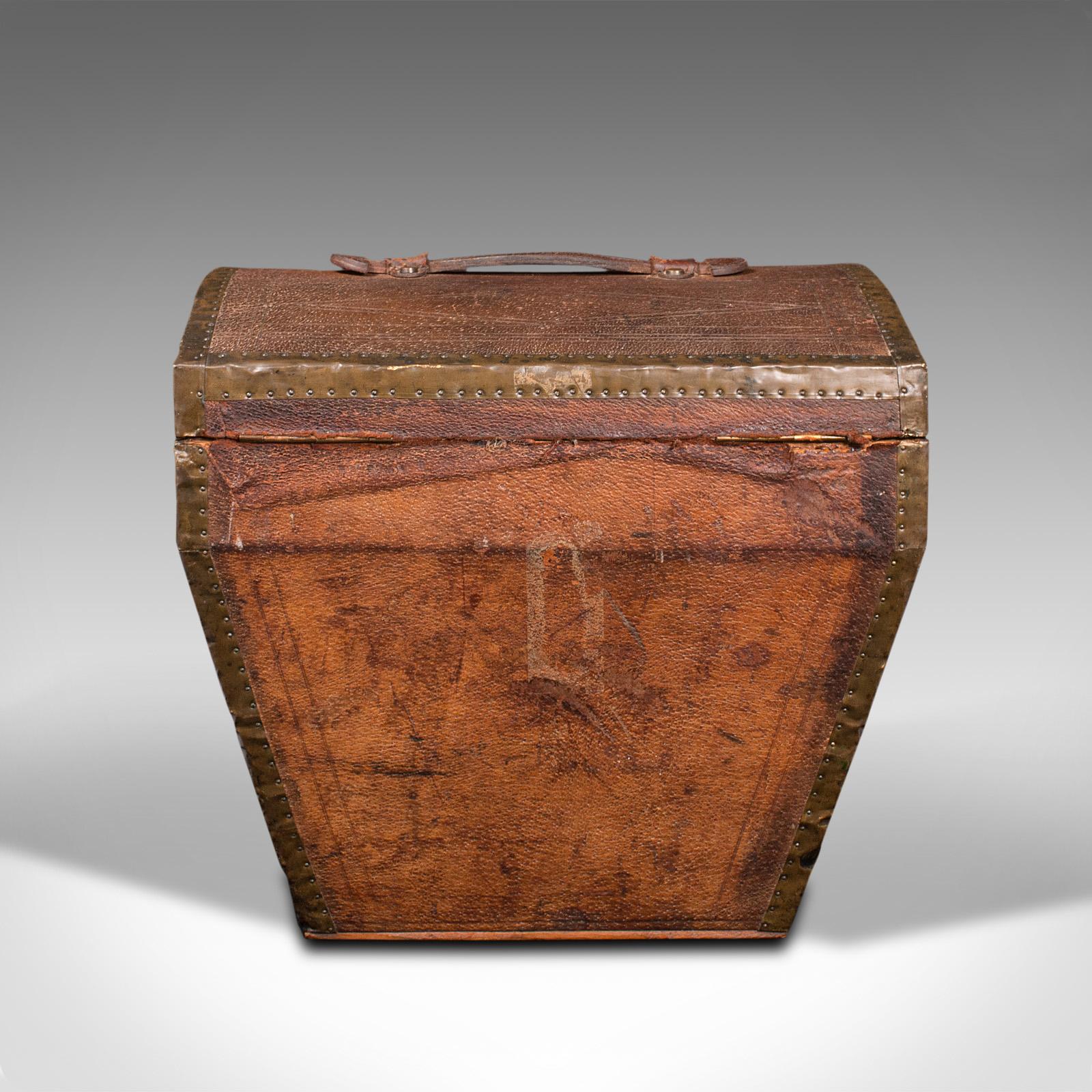 19th Century Antique Touring Hat Box, French, Leather, Brass, Travel Case, Victorian, C.1850