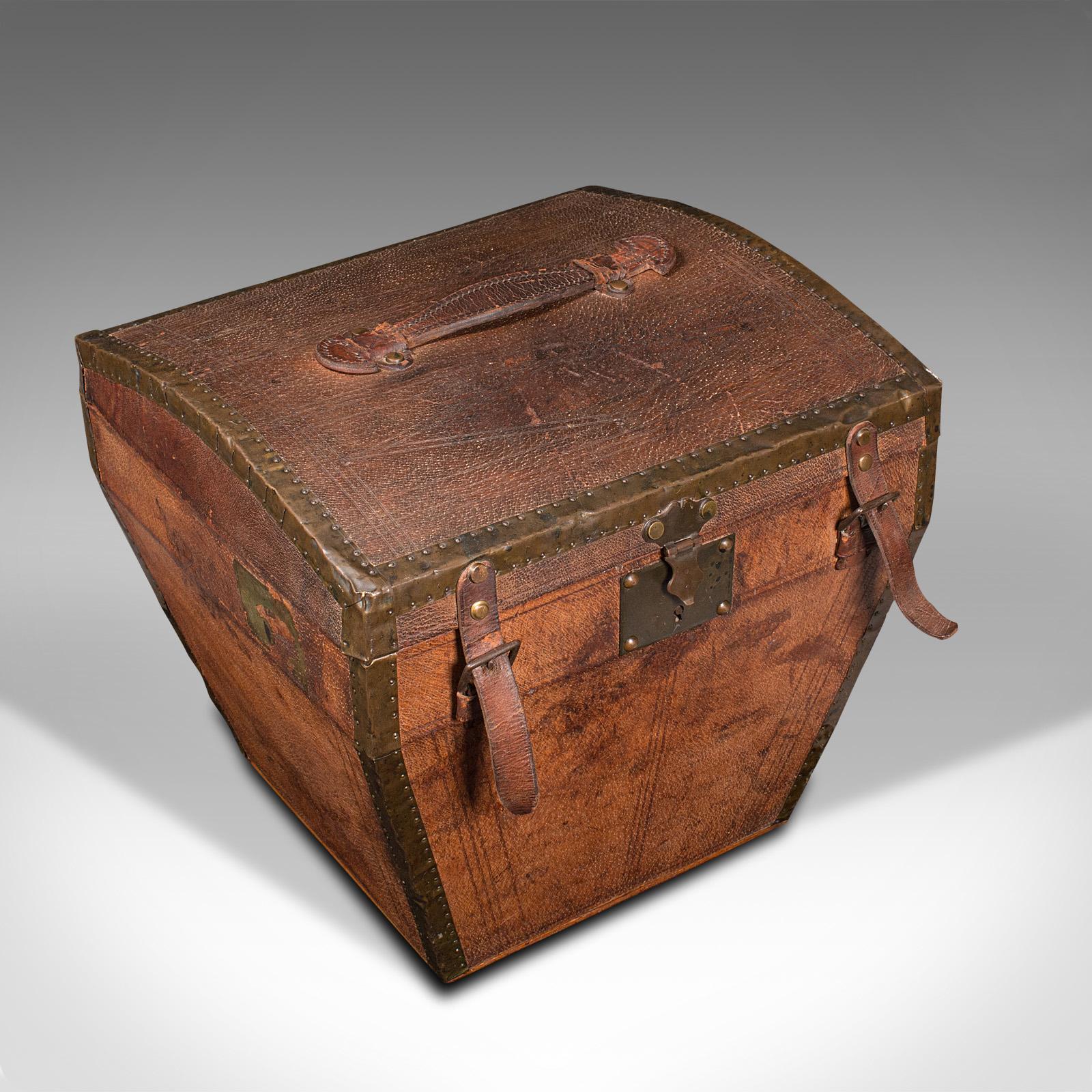 Antique Touring Hat Box, French, Leather, Brass, Travel Case, Victorian, C.1850 1