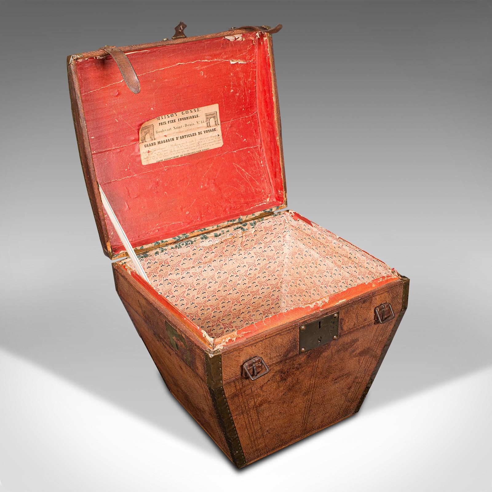 Antique Touring Hat Box, French, Leather, Brass, Travel Case, Victorian, C.1850 2