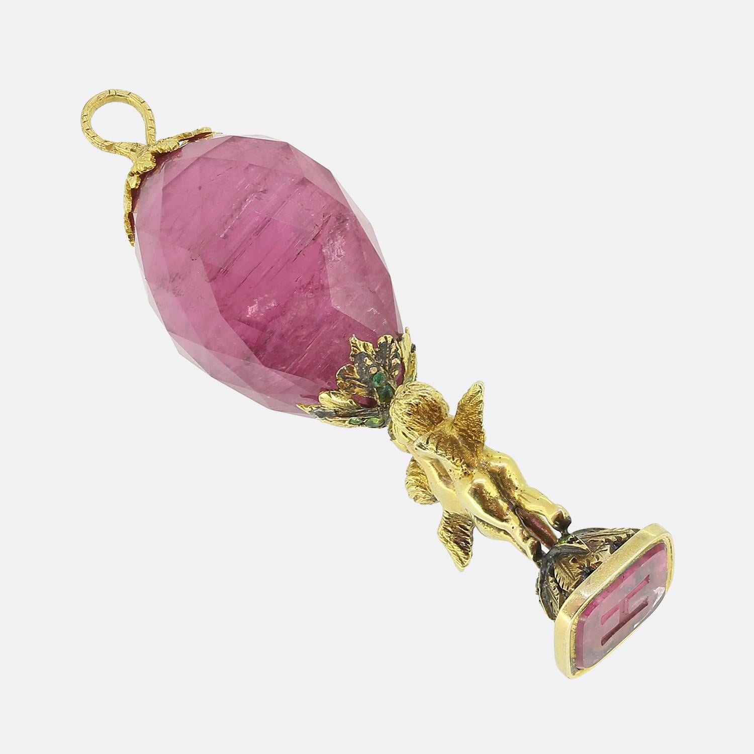 Georgien Pendentif ancien sceau de chérubin en tourmaline en vente
