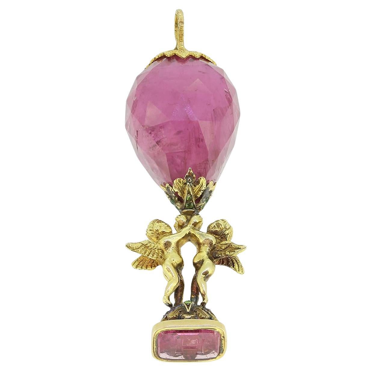 Antique Tourmaline Cherub Fob Seal Pendant