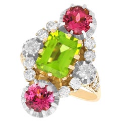 Antique Tourmaline Peridot and Diamond Yellow Gold Cocktail Ring