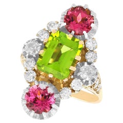 Antiquités - Bague habillée en or jaune avec tourmaline, péridot et diamant