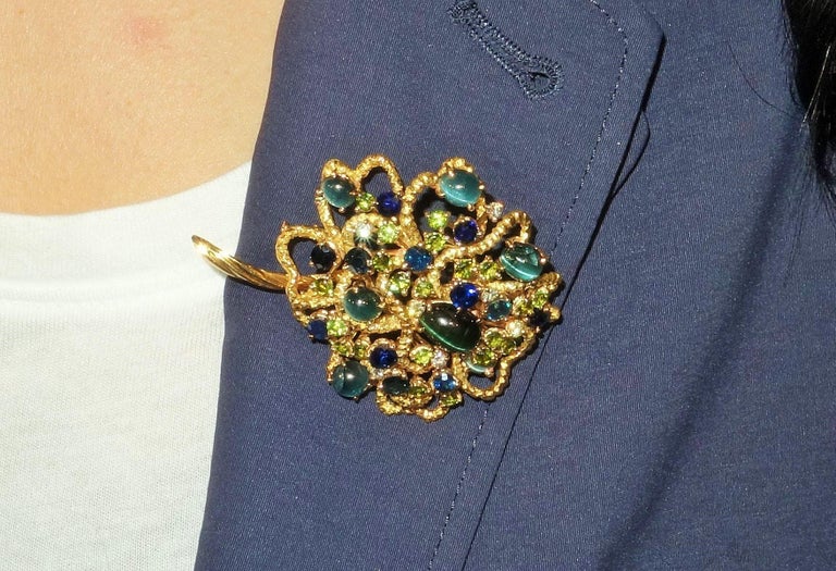 Antique Tourmaline Sapphire Diamond Bouquet Gold Brooch Pin Estate