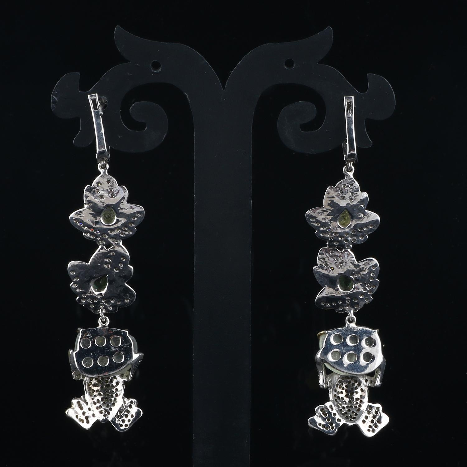 Round Cut Antique Tourmaline Silver Earrings, Victorian Frog Style Diamond Dangle Earrings For Sale