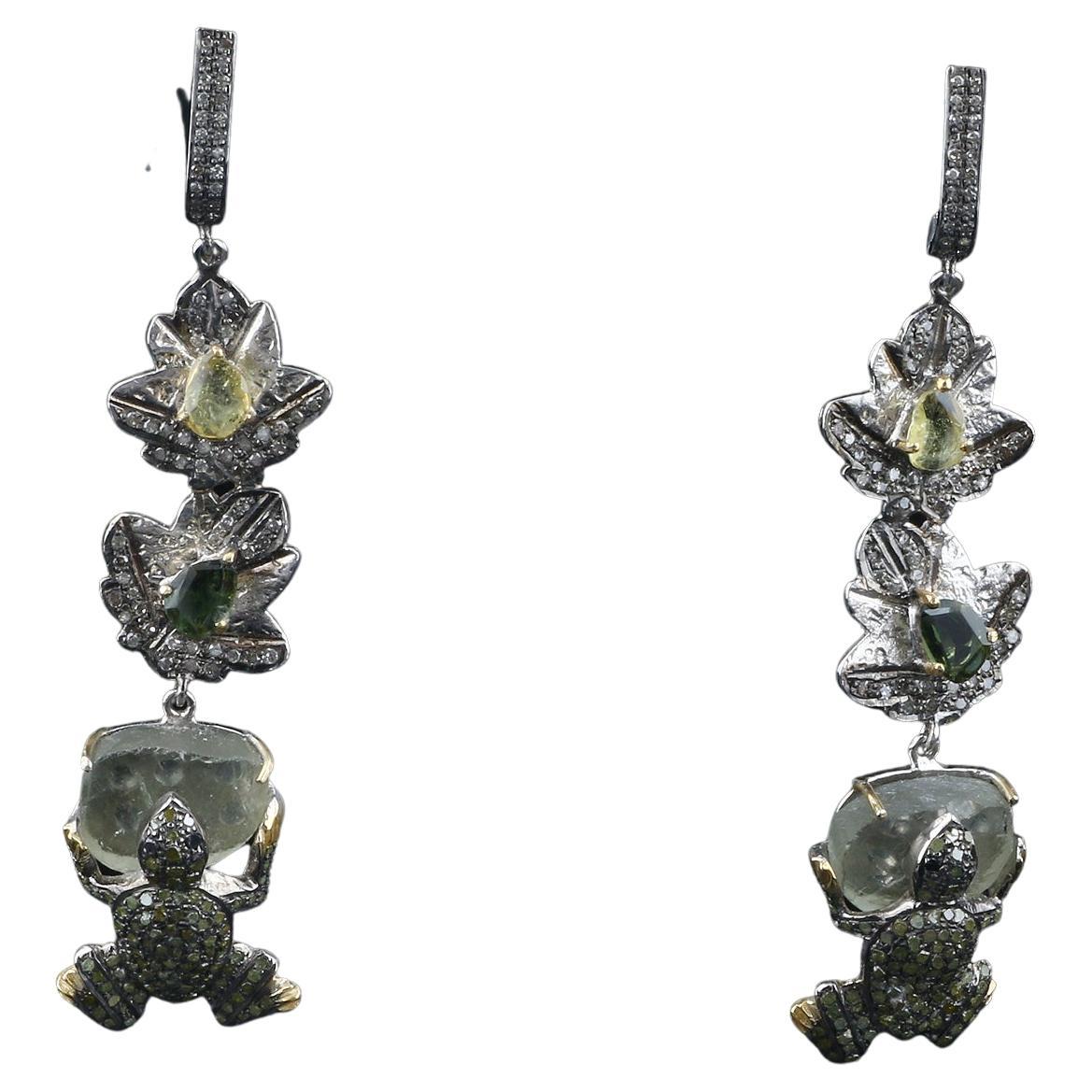 Boucles d'oreilles pendantes en argent et tourmaline ancienne, style grenouille victorien avec diamants