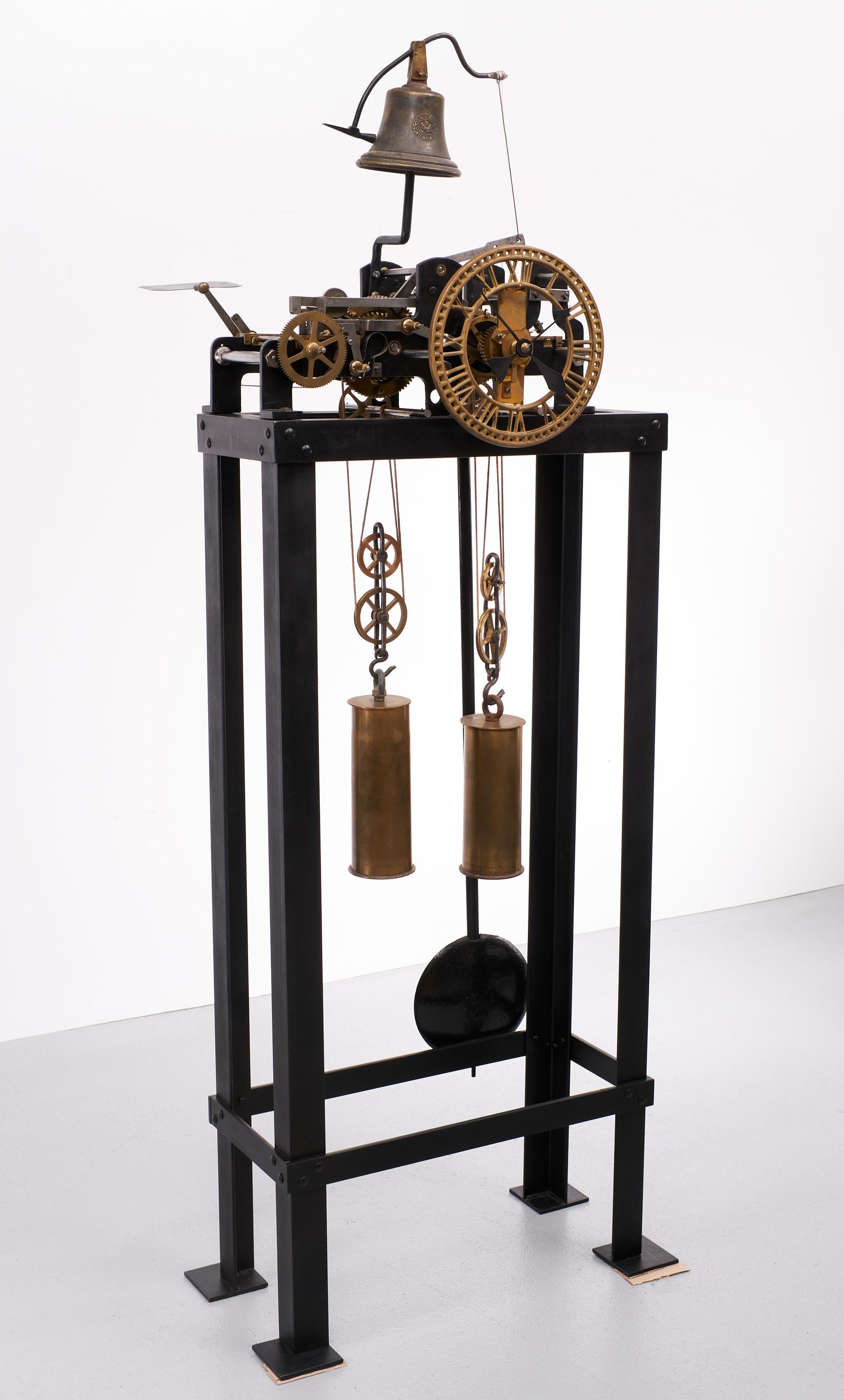Antique tower clockwork. Mounted on a steel frame. A very nice antique 19th century tower clock work complete with dial/hands, and bell in very good working condition. 

  

