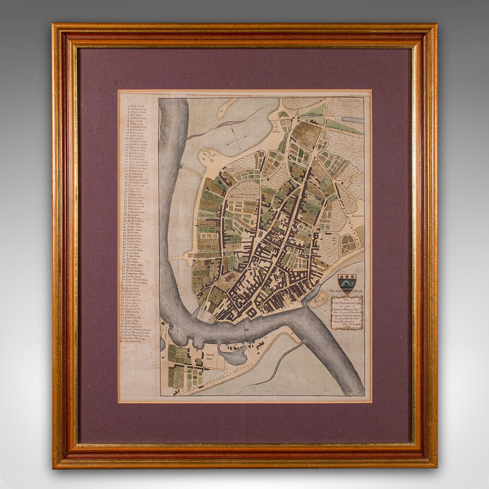 
This is an antique town plan map of Poole in Dorset. An English, framed atlas engraving, dating to the 18th century and later.

Fascinating cartography with annotated streets and places
Displaying a desirable aged patina within a later