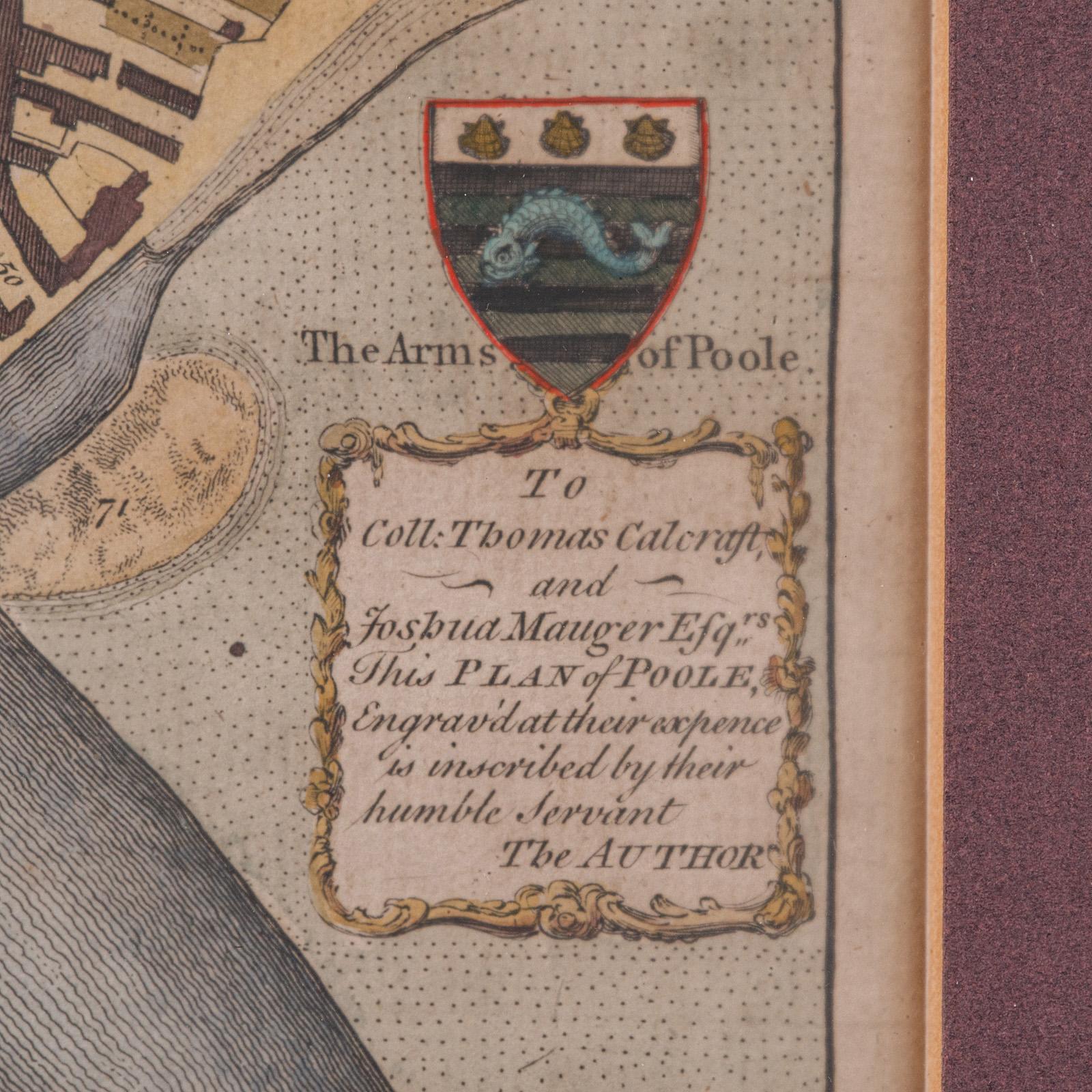 Glass Antique Town Plan Map, Poole, English, Framed Cartography, Georgian, Circa 1780 For Sale