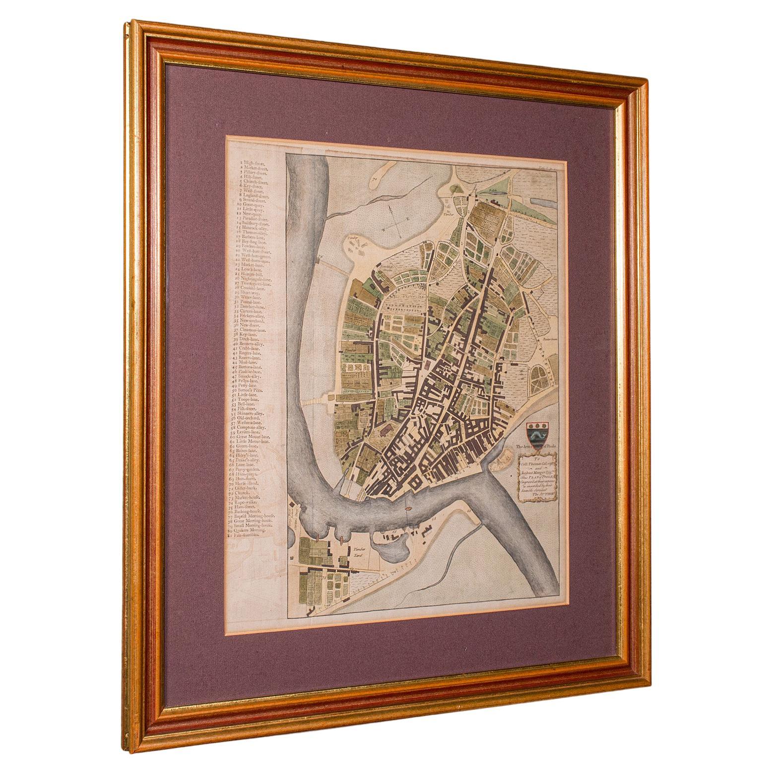 Antique Town Plan Map, Poole, English, Framed Cartography, Georgian, Circa 1780 For Sale