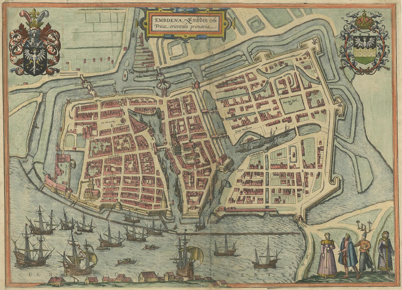 Antique map titled 'Embdena (..)'. Old, antique bird's-eye view plan of Emden, Germany. This bird's-eye view from the southwest over the Dollart shows Emden, which developed from a trading settlement in the 7th/8th centuries into a city as late as