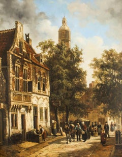 Antique Townscape Oil Painting by Louis Dommersen 19th Century