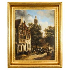 Antique Townscape Oil Painting by Louis Dommersen 19th Century