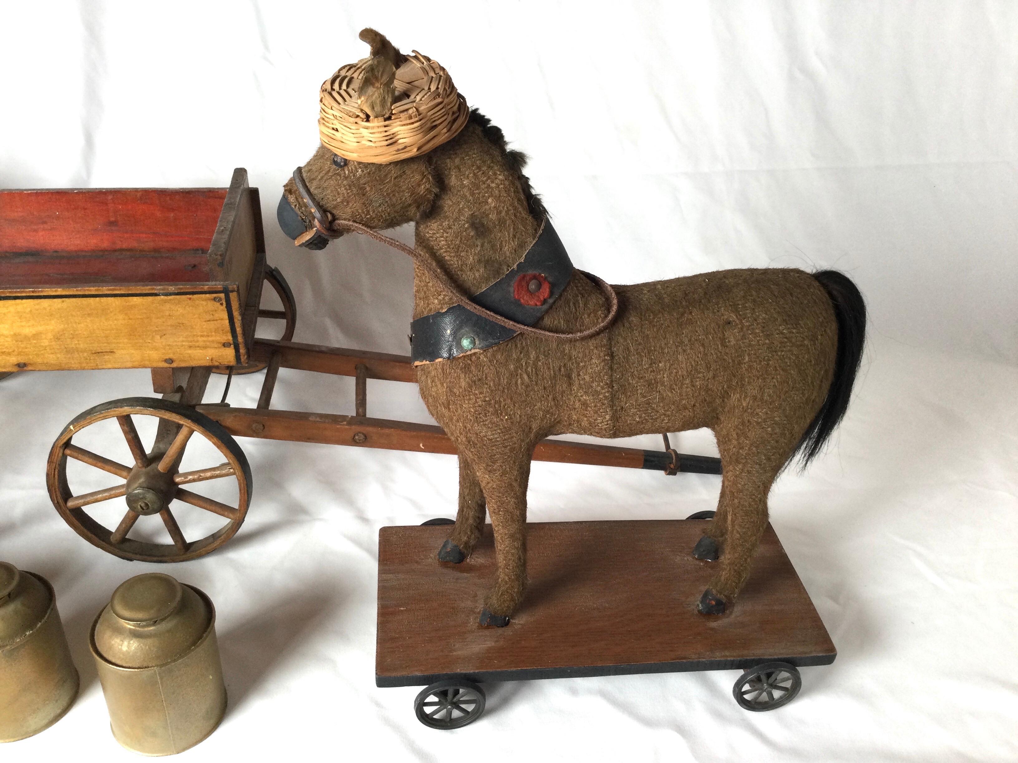 Unknown Antique Toy Mohair Horse with Primitive Milk Wagon