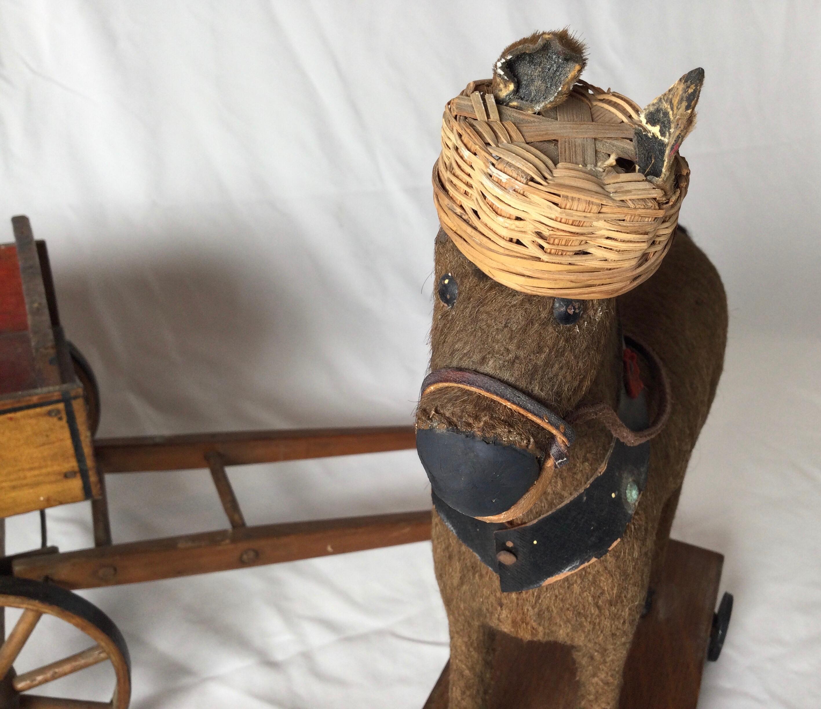 Antique Toy Mohair Horse with Primitive Milk Wagon In Good Condition In Lambertville, NJ