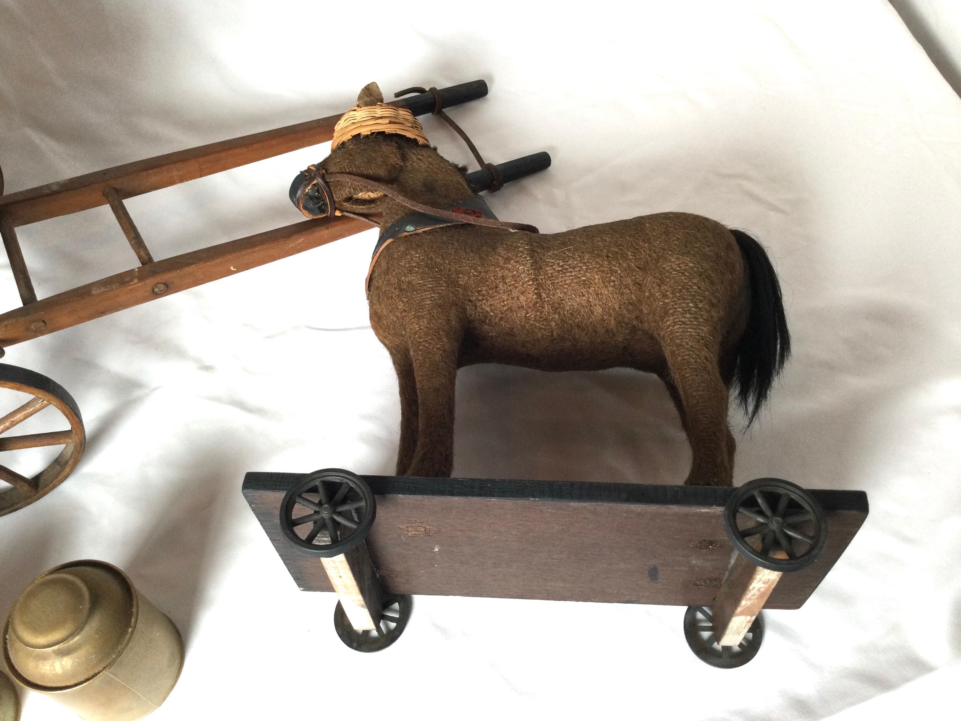 20th Century Antique Toy Mohair Horse with Primitive Milk Wagon For Sale