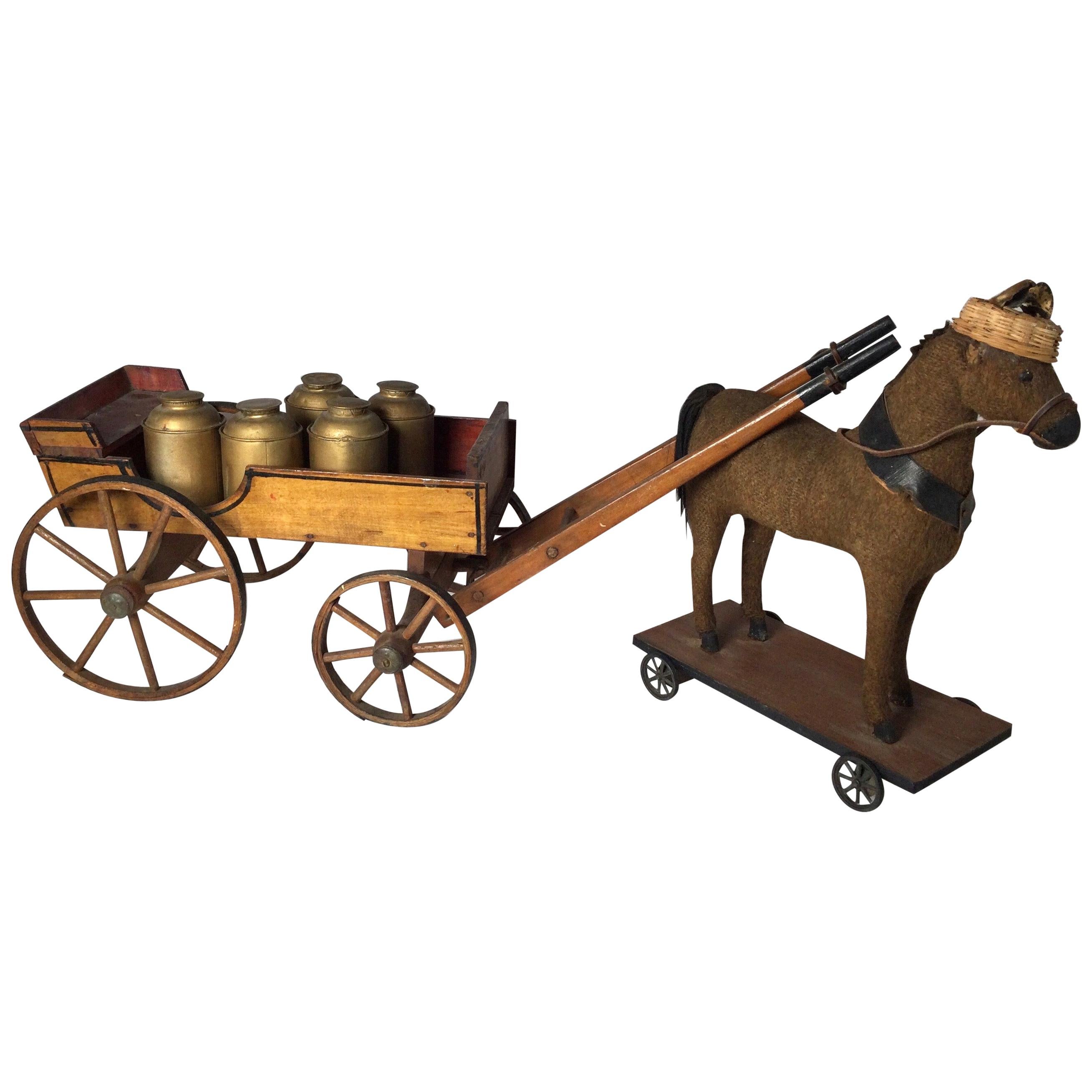 Jouet ancien en mohair cheval avec wagon à lait primitif