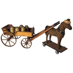 Retro Toy Mohair Horse with Primitive Milk Wagon