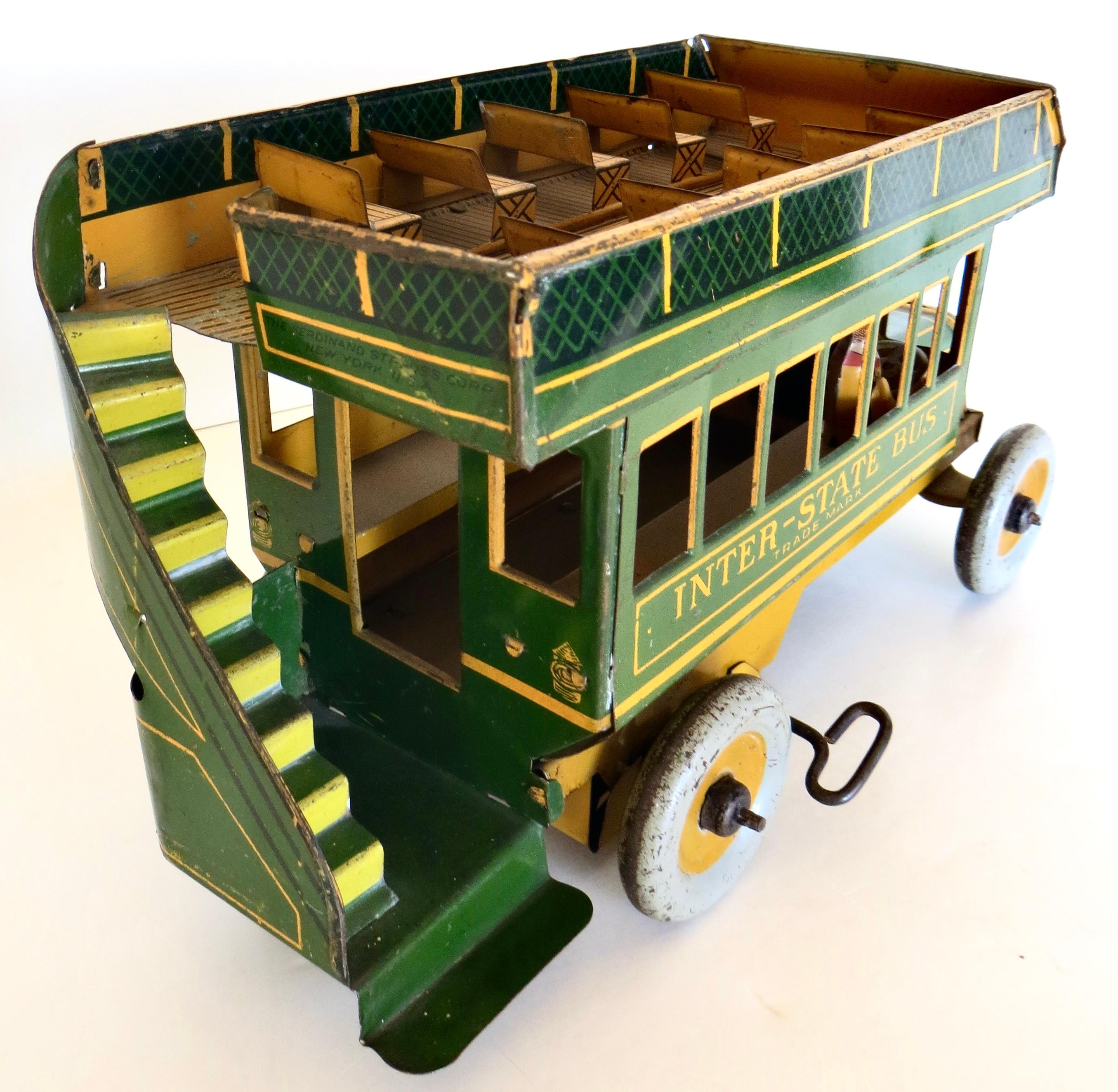 Metalwork Antique Toy Wind-Up Double Decker Bus by Ferdinand Strauss Toy Co. Circa 1925 For Sale