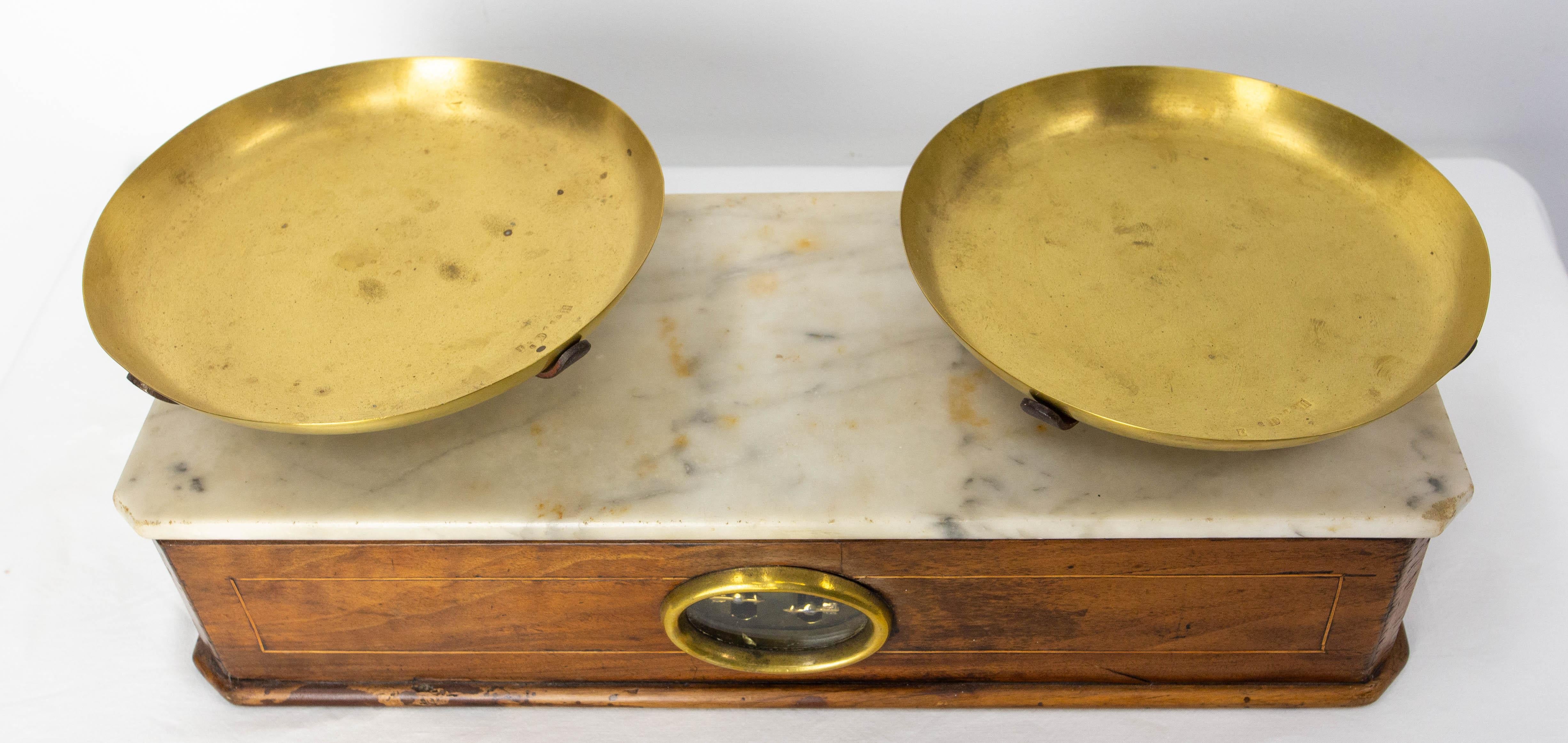 Antique Trade Scale Copper, Beech and Marble, France, circa 1880 In Good Condition In Labrit, Landes