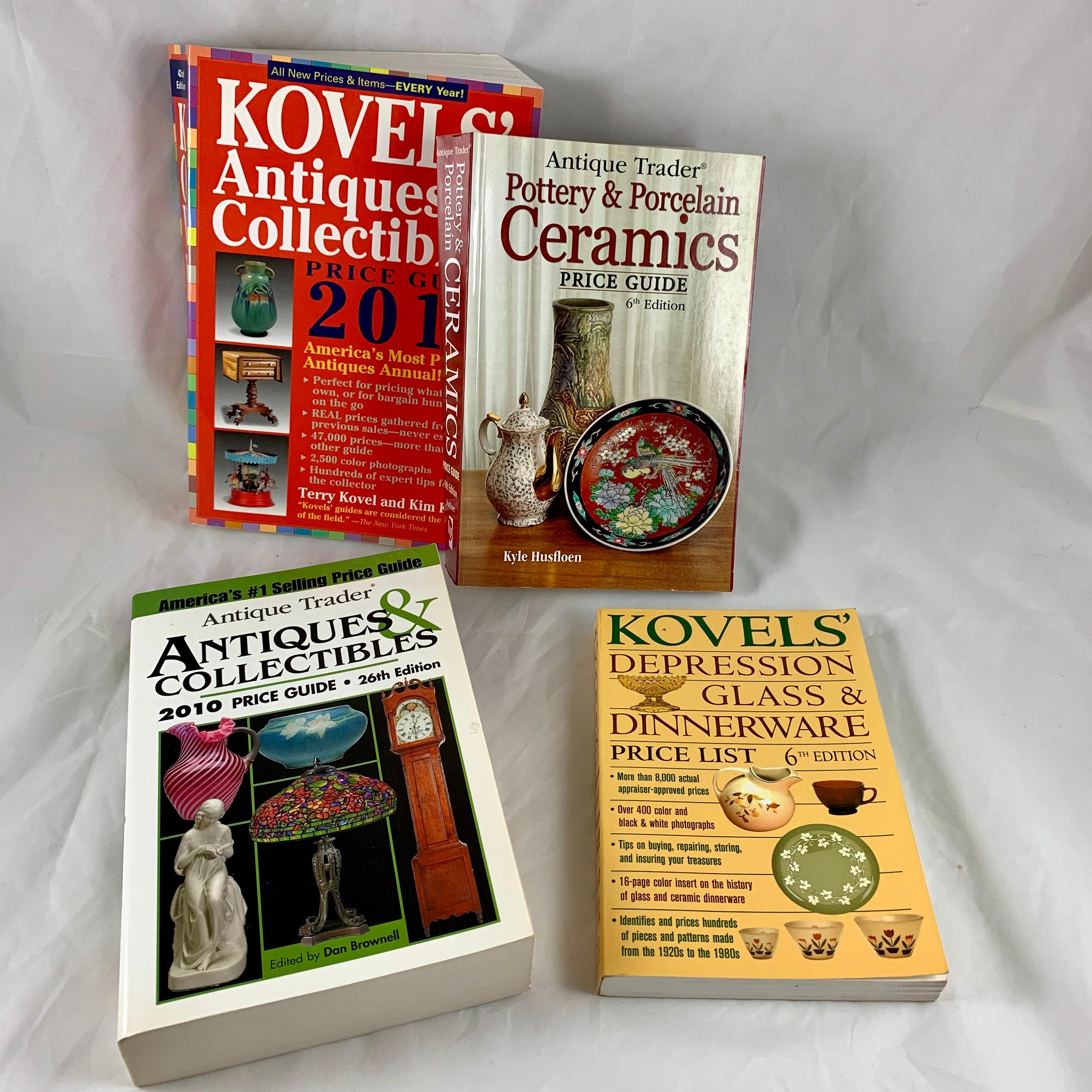 A group of four trade soft back price guides for antiques, collectibles, ceramics, pottery, and glass.
Excellent reference for both the collector and dealer.

Kovels - 2010
Antique Trader Ceramics, Pottery & Porcelain, 6th Edition
Antique