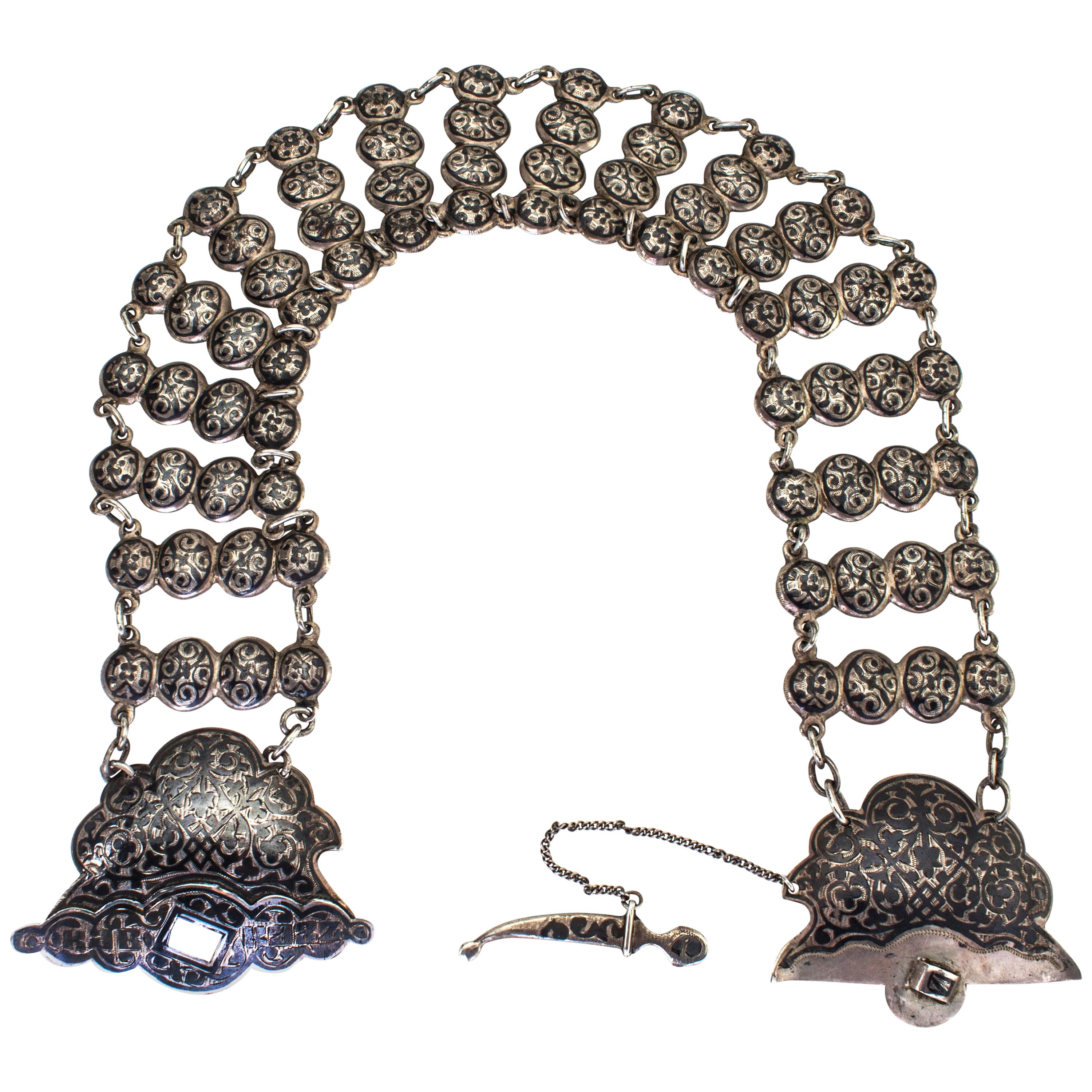 Antique Traditional Armenian Ladies Silver and Niello Belt For Sale