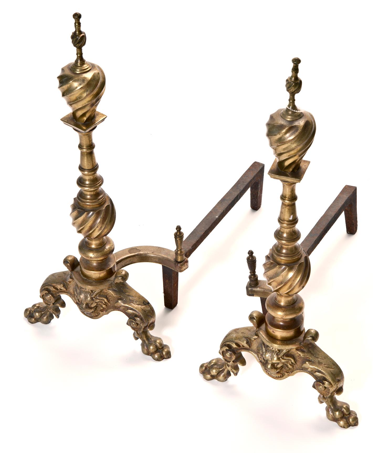 French Provincial Antique Traditional European Andirons, a Pair