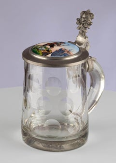 Antique Traditional German Lidded Glass Jug Beer Stein Pewter Porcelain