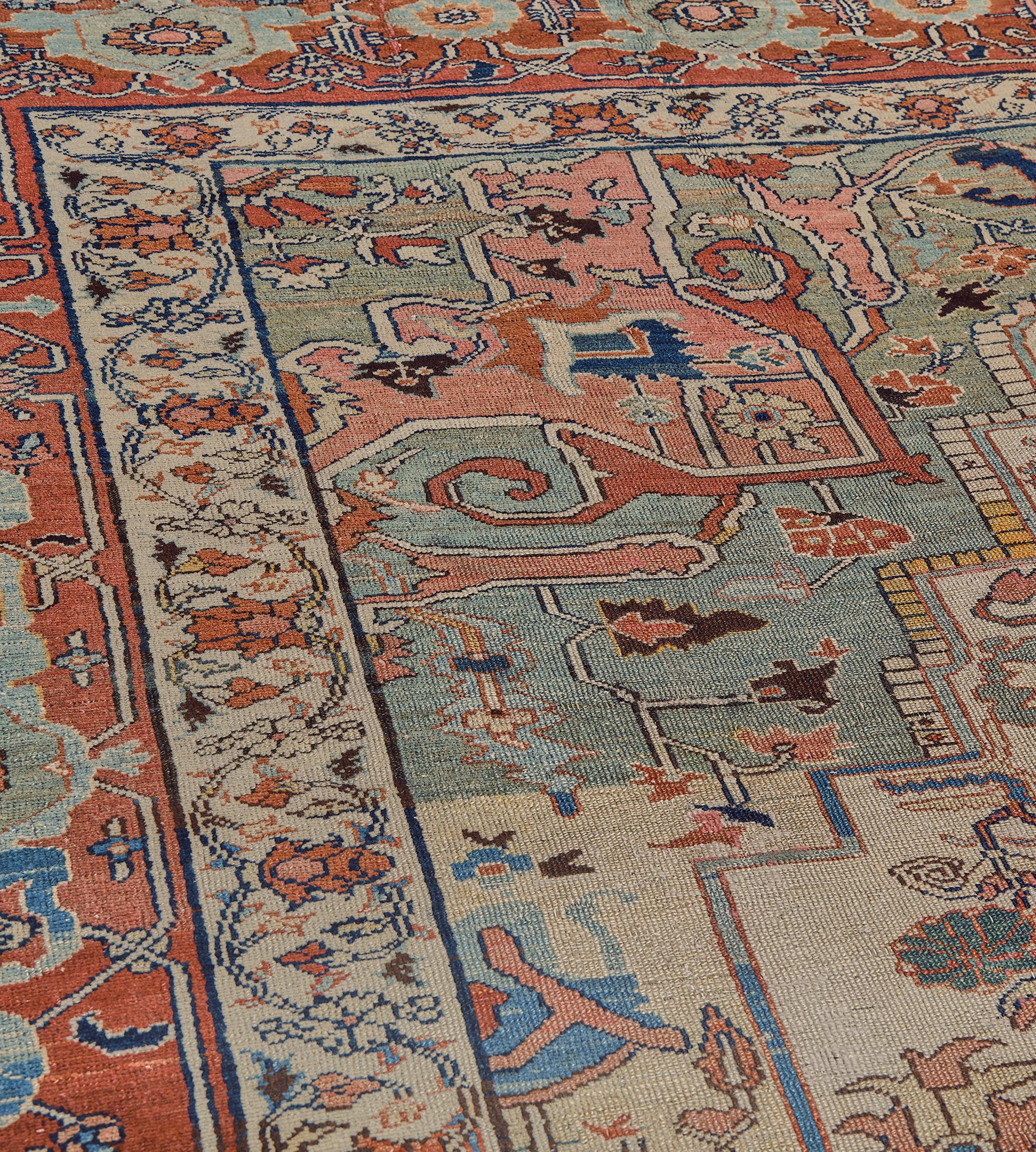 19th Century Antique Traditional Hand-Woven Palmetto-Vine Persian Serapi Rug For Sale