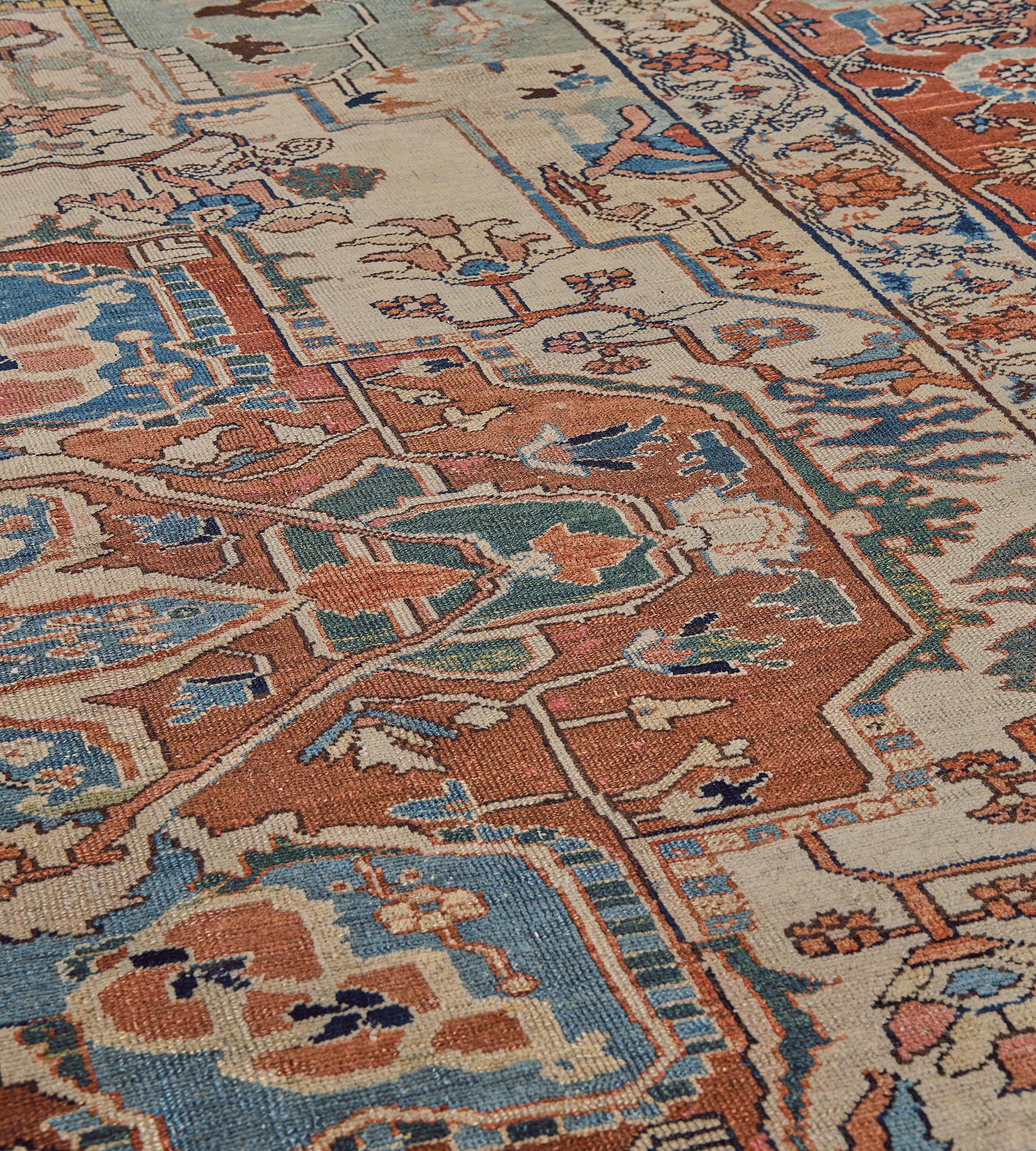 Wool Antique Traditional Hand-Woven Palmetto-Vine Persian Serapi Rug For Sale