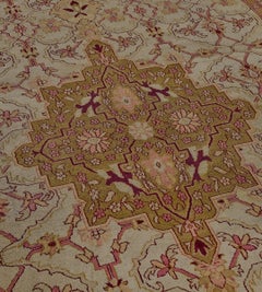Antique Traditional Hand-Woven Pistachio-Green and Burgundy Wool Indian Agra Rug