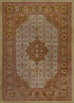 Antique Traditional Hand-Woven Pistachio-Green and Burgundy Wool Indian Agra Rug