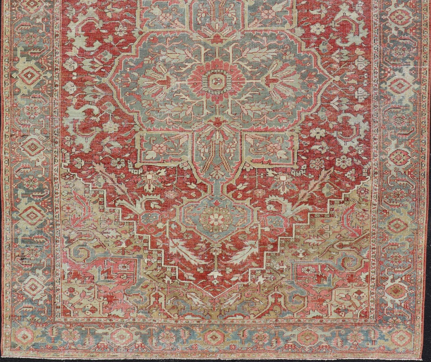 Alfombra Heriz Antigua Tradicional con Diseño de Medallón Floral 7'7 x 10'5 Lana en venta