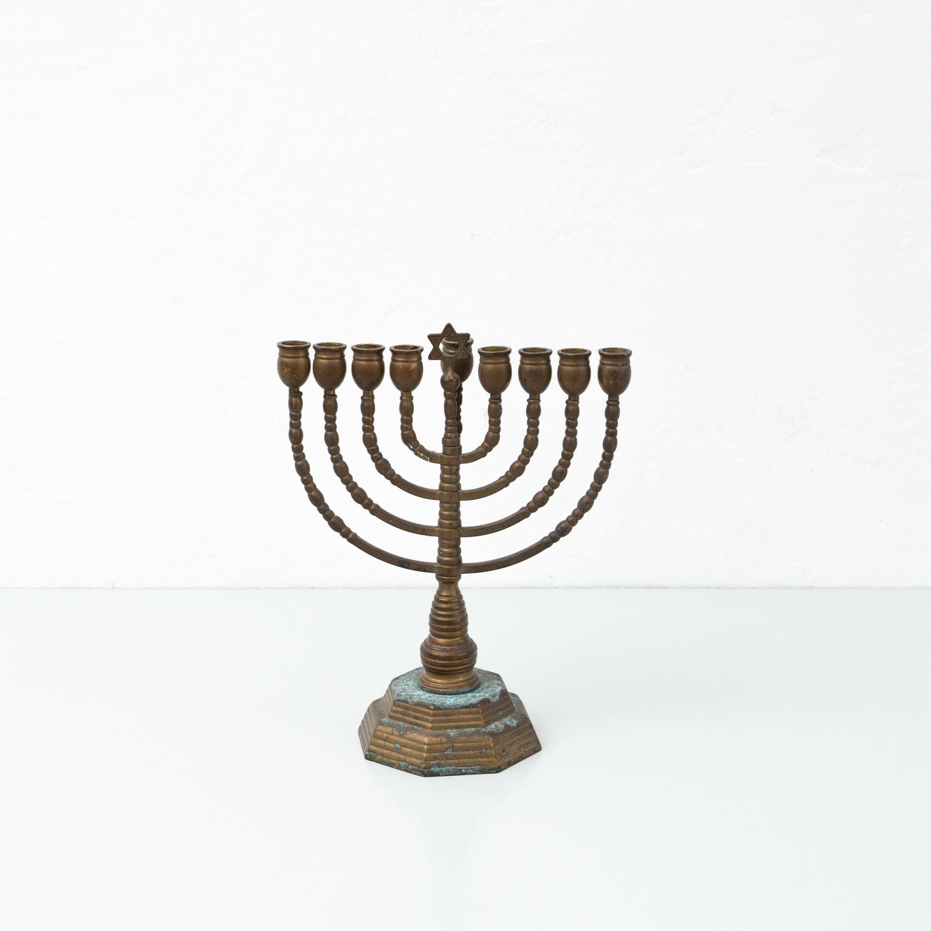 Antique traditional Jewish chandelier.
By unknown manufacturer, circa 1940.

In original condition, with minor wear consistent with age and use, preserving a beautiful patina.

Materials:
Metal


Dimensions (each one):
D 12.5 cm x W 24.2