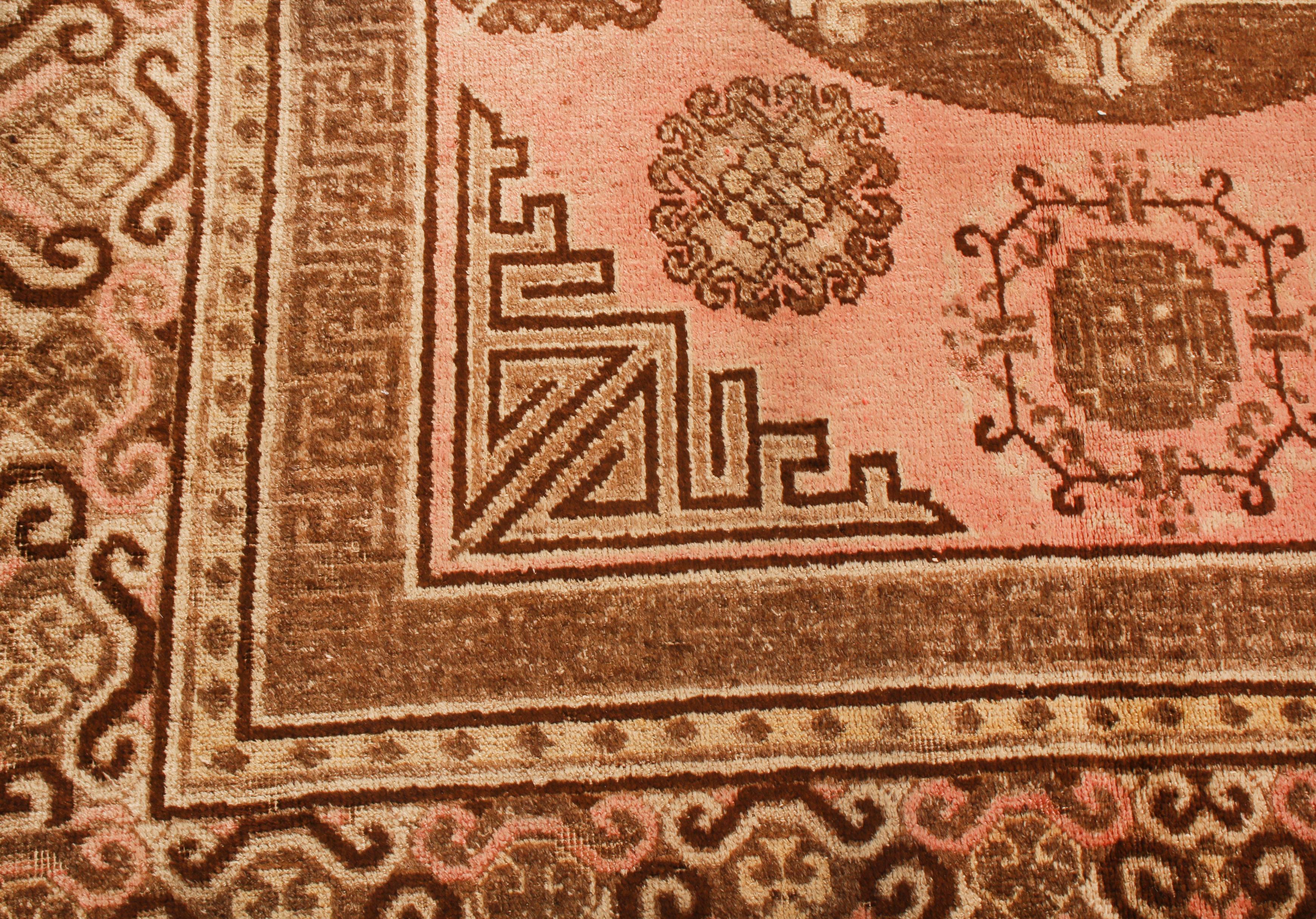 Hand-Knotted Antique Traditional Khotan Pink and Brown Wool Rug with Medallions